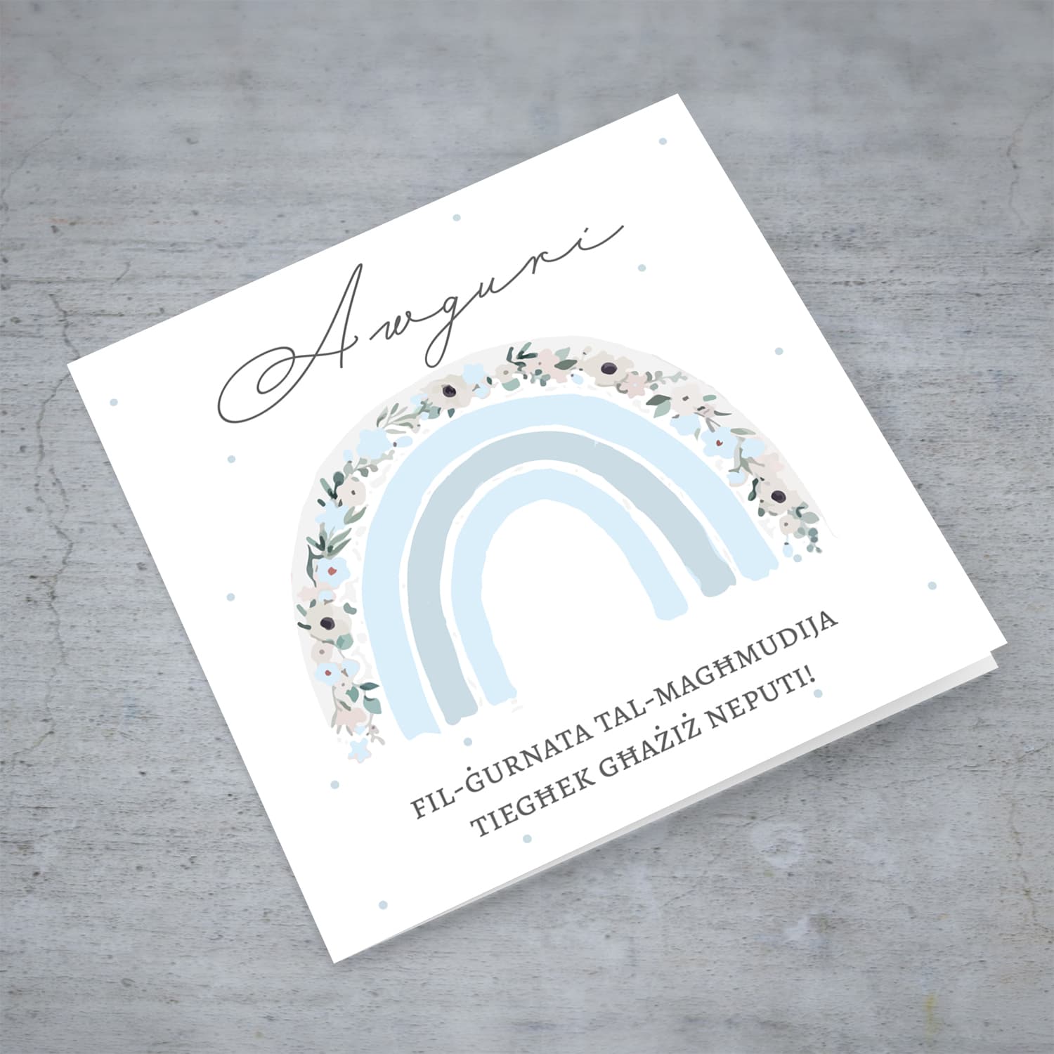 Cute floral rainbow in shades of blue baptism / christening card for nephew in Maltese 