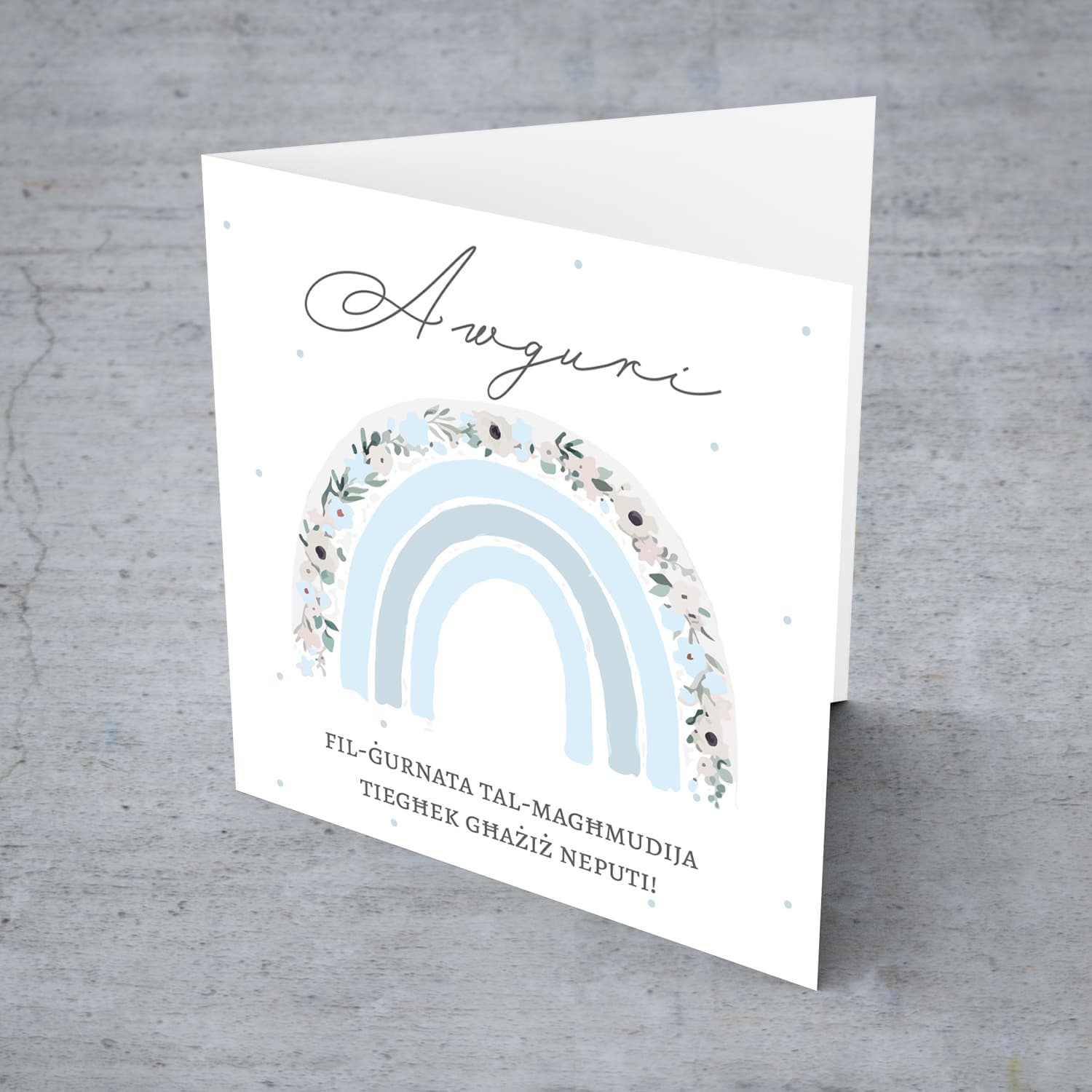 Cute floral rainbow in shades of blue baptism / christening card for nephew in Maltese 