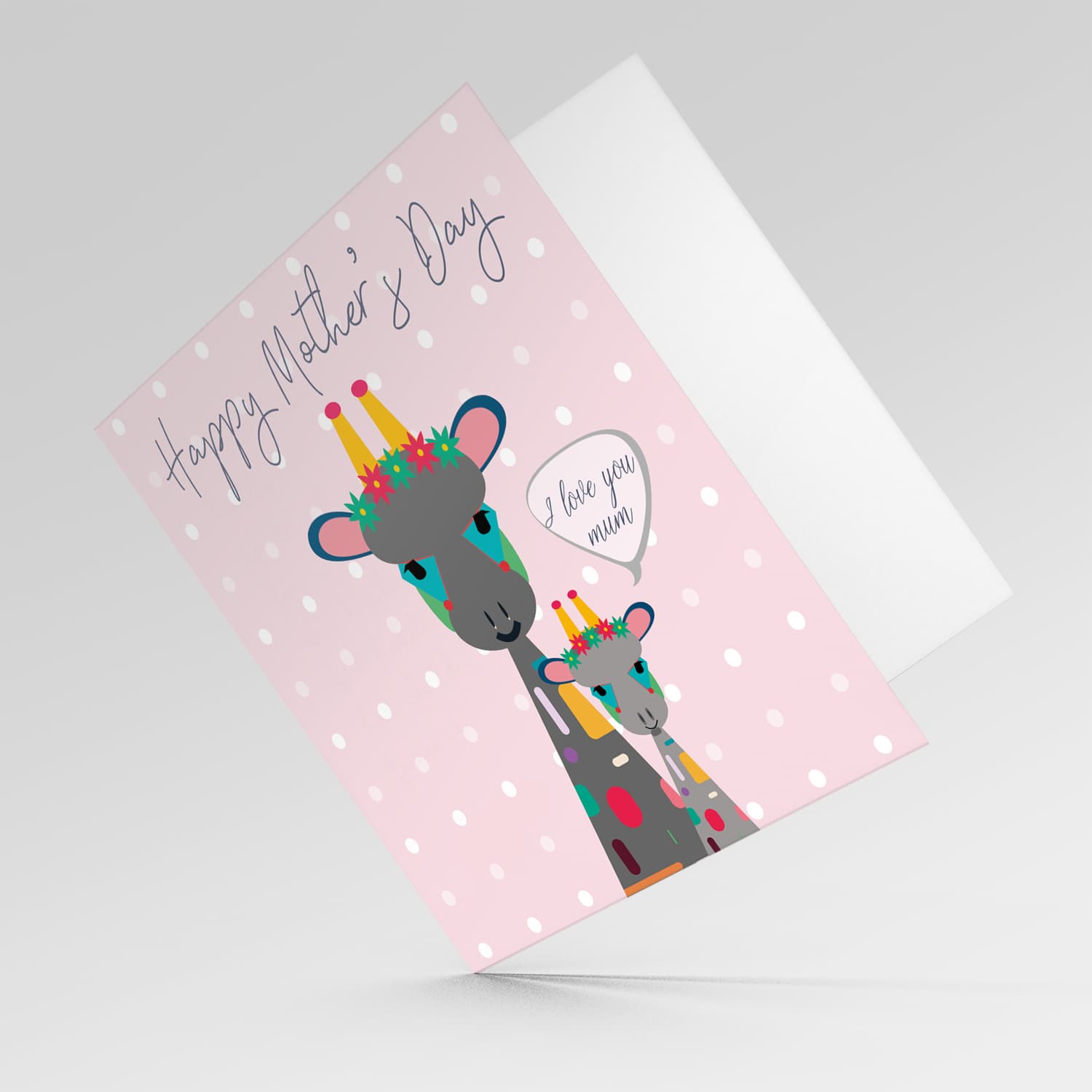 Giraffe themed mothers day card with pastel pink background in English