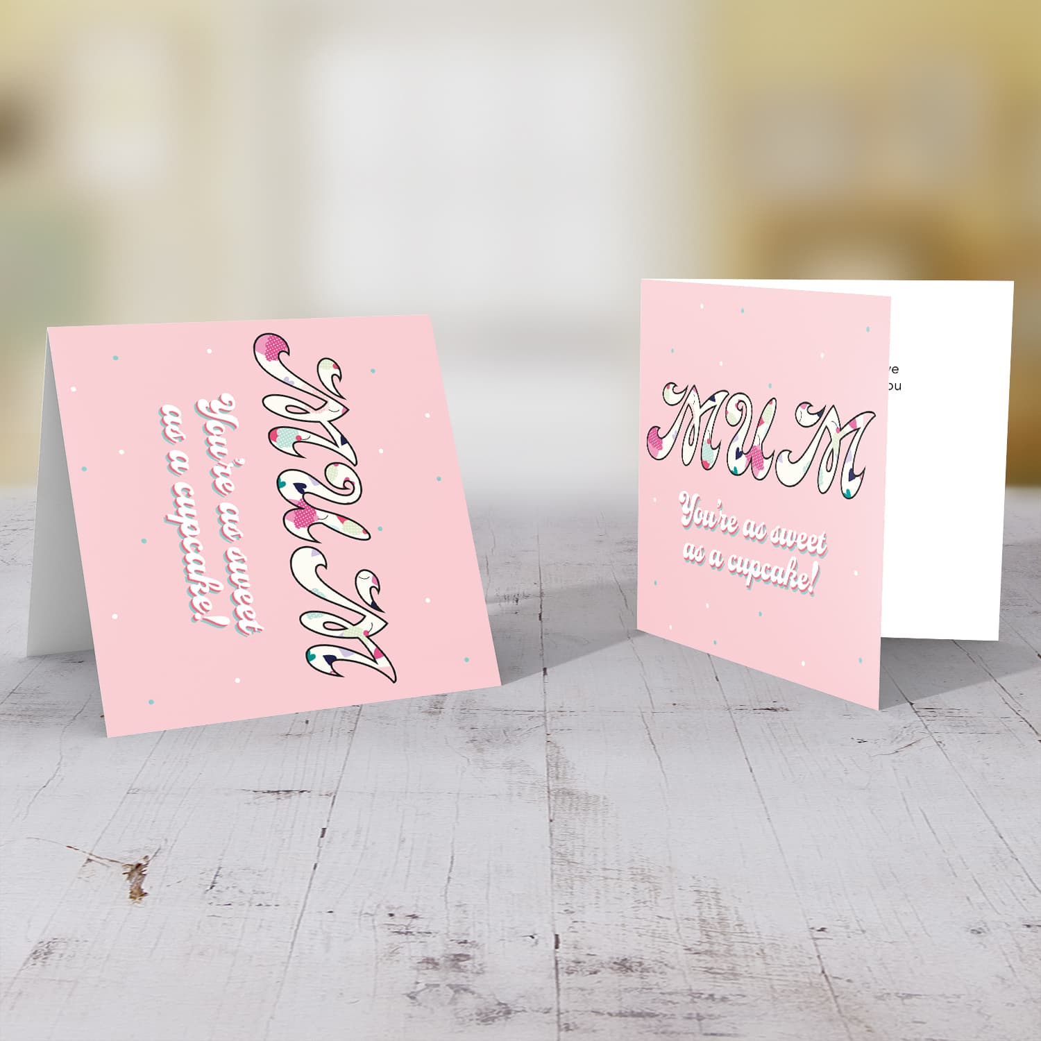 Cupcake MUM themed mother's day card with coloured dots and pink background in English