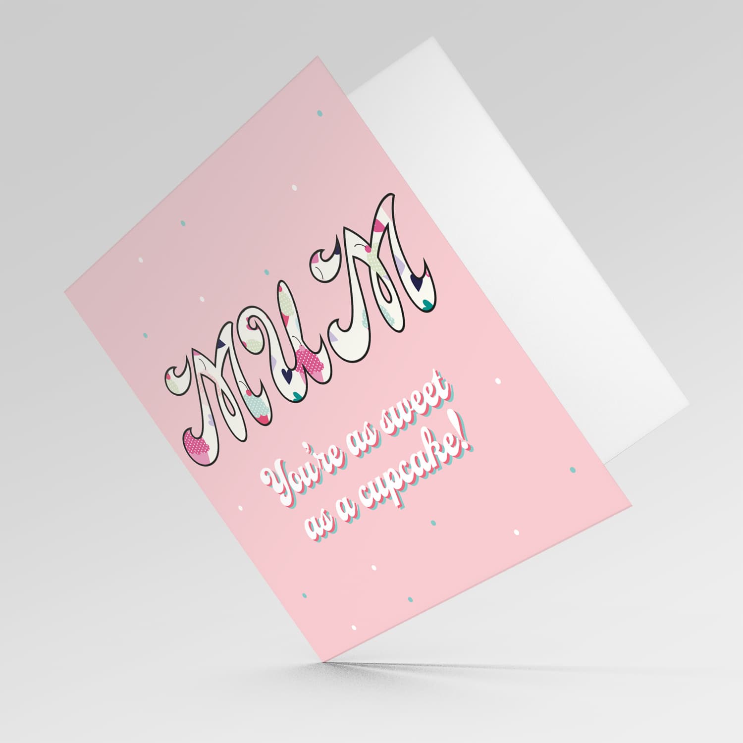 Cupcake MUM themed mother's day card with coloured dots and pink background in English