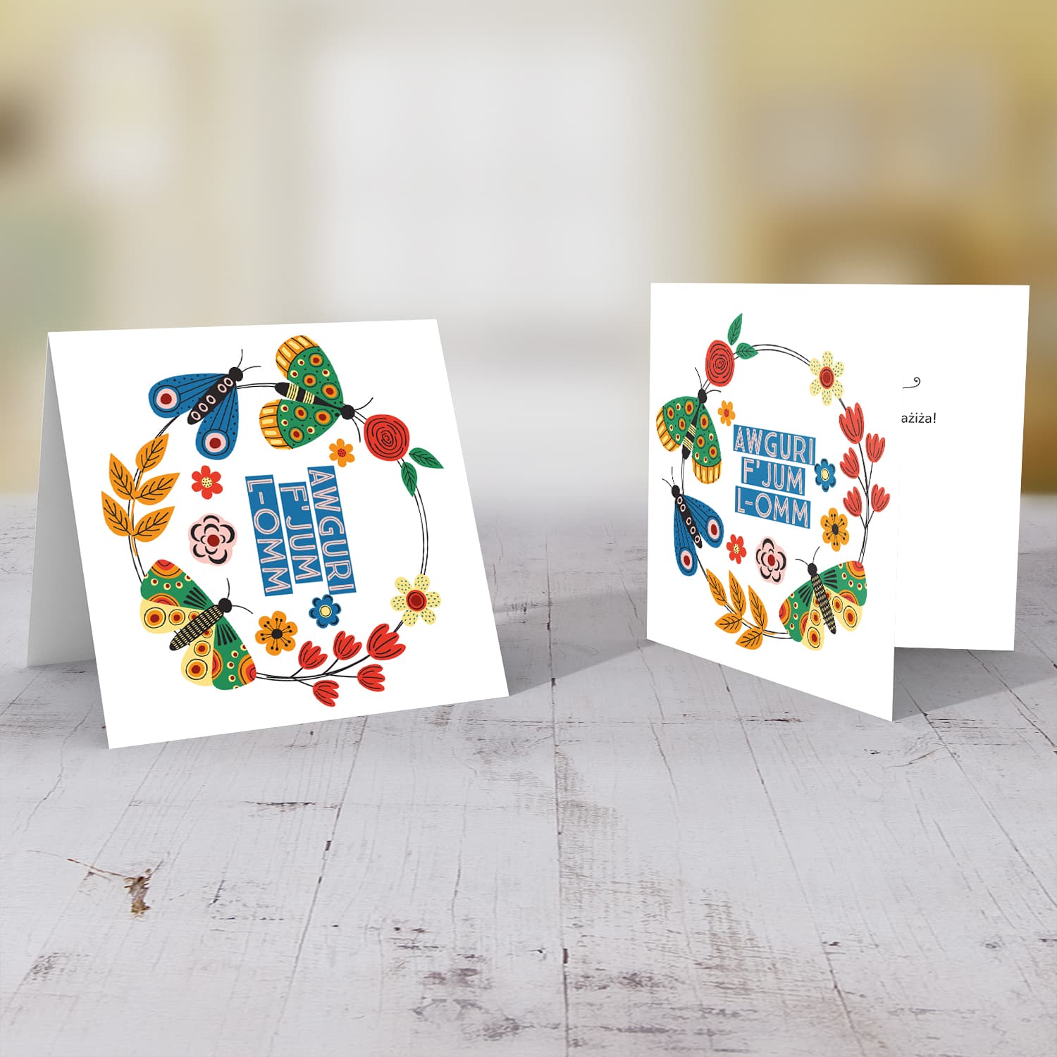 Bright colours butterfly and flowers themed Mother's day Card in Maltese 