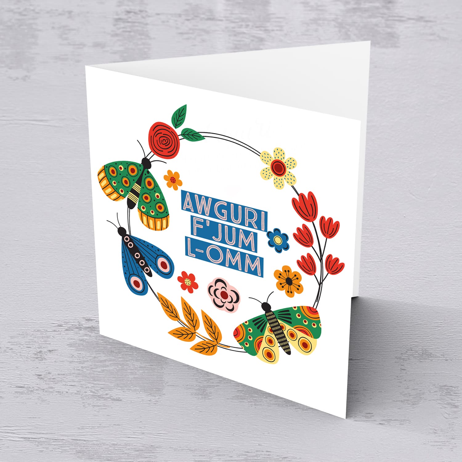 Bright colours butterfly and flowers themed Mother's day Card in Maltese 