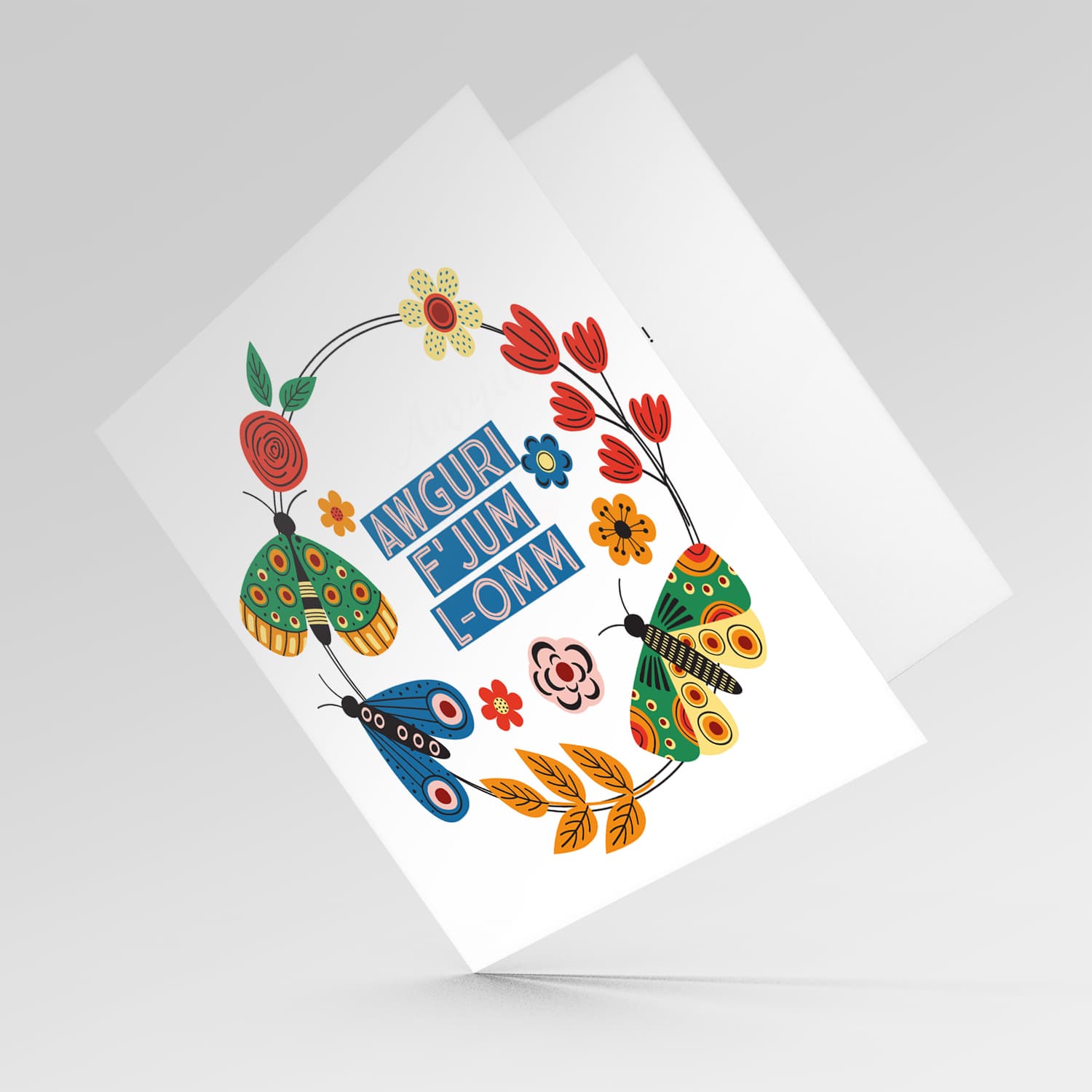 Bright colours butterfly and flowers themed Mother's day Card in Maltese 