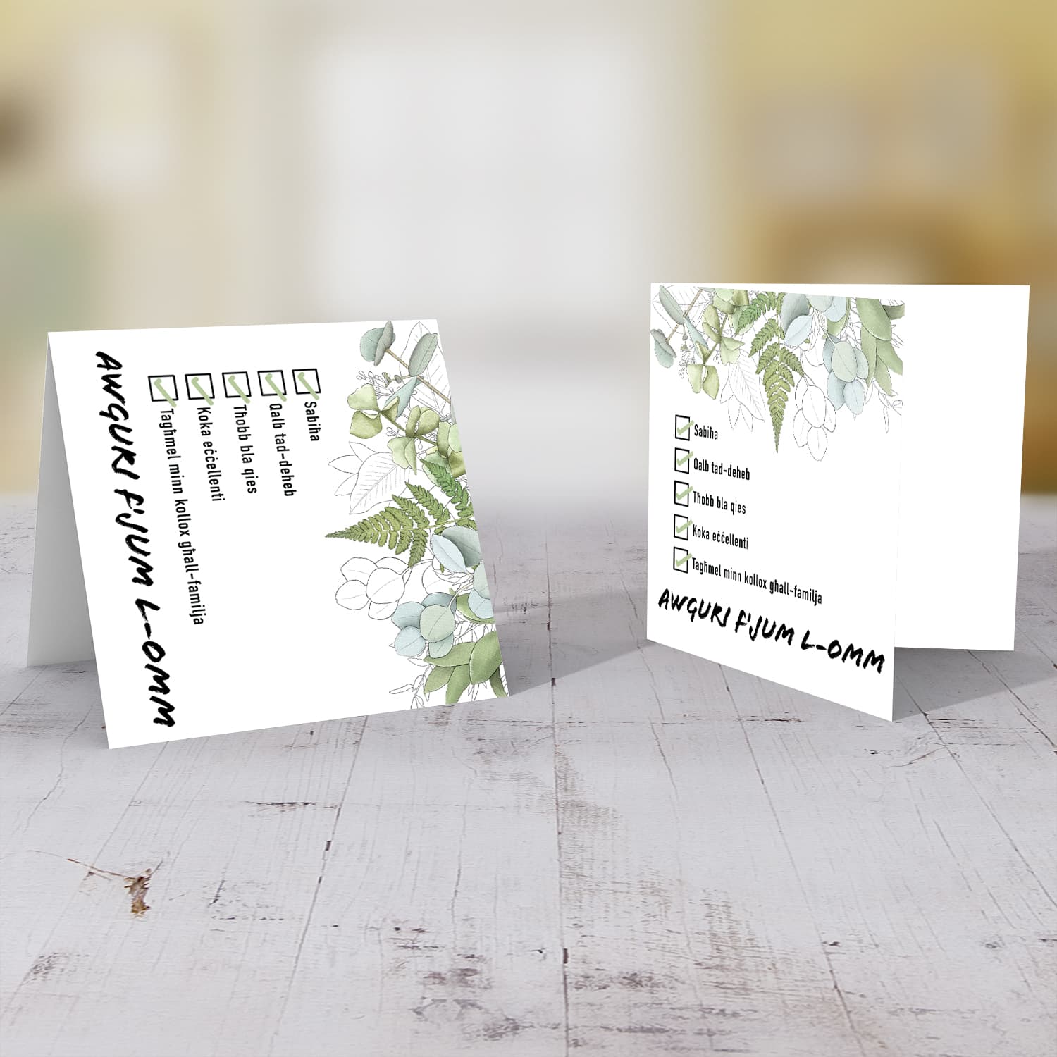 Check list themed Mother's day card with hanging leaves and plants in Maltese