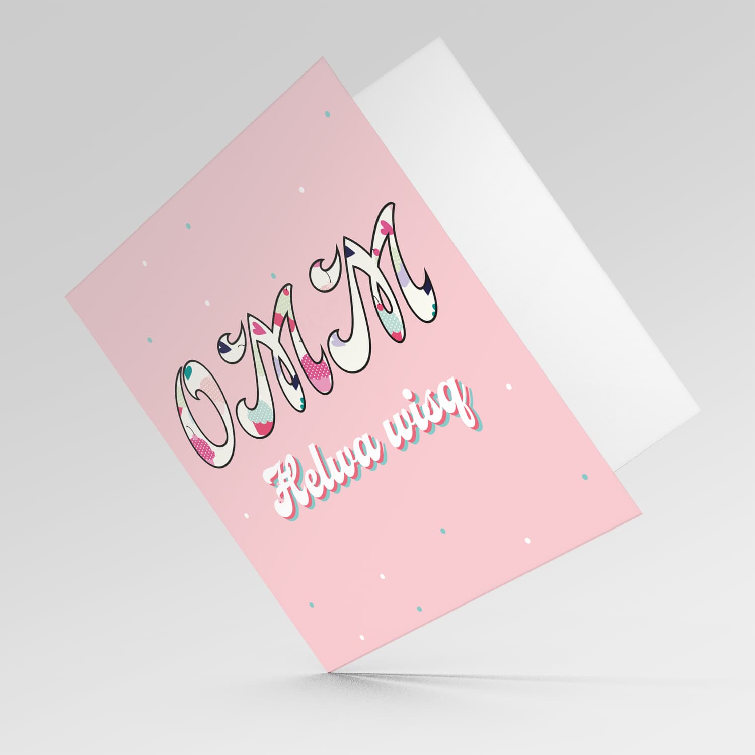 Cupcake MUM themed mother's day card with coloured dots and pink background in Maltese