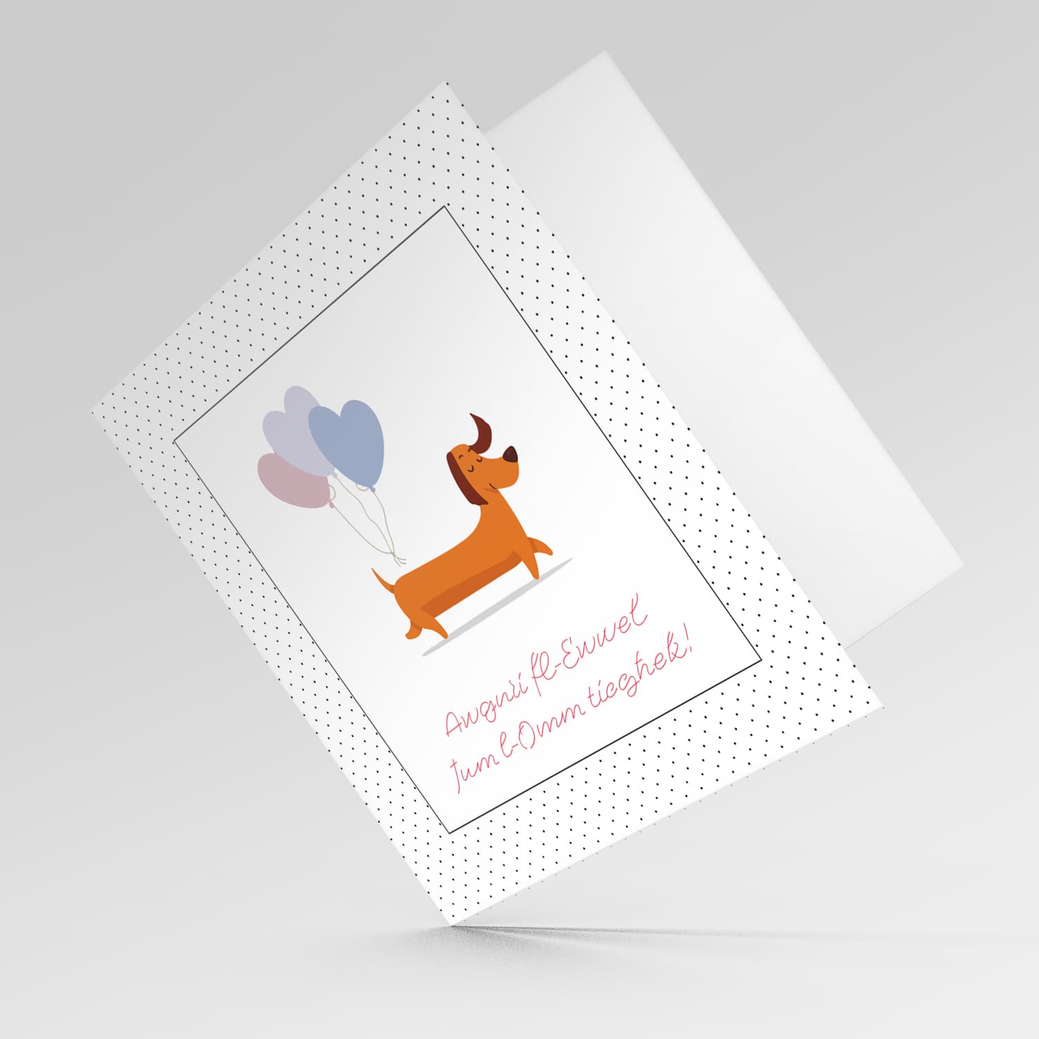 First mother's day card with cute sausage dog with 3 heart balloons in Maltese