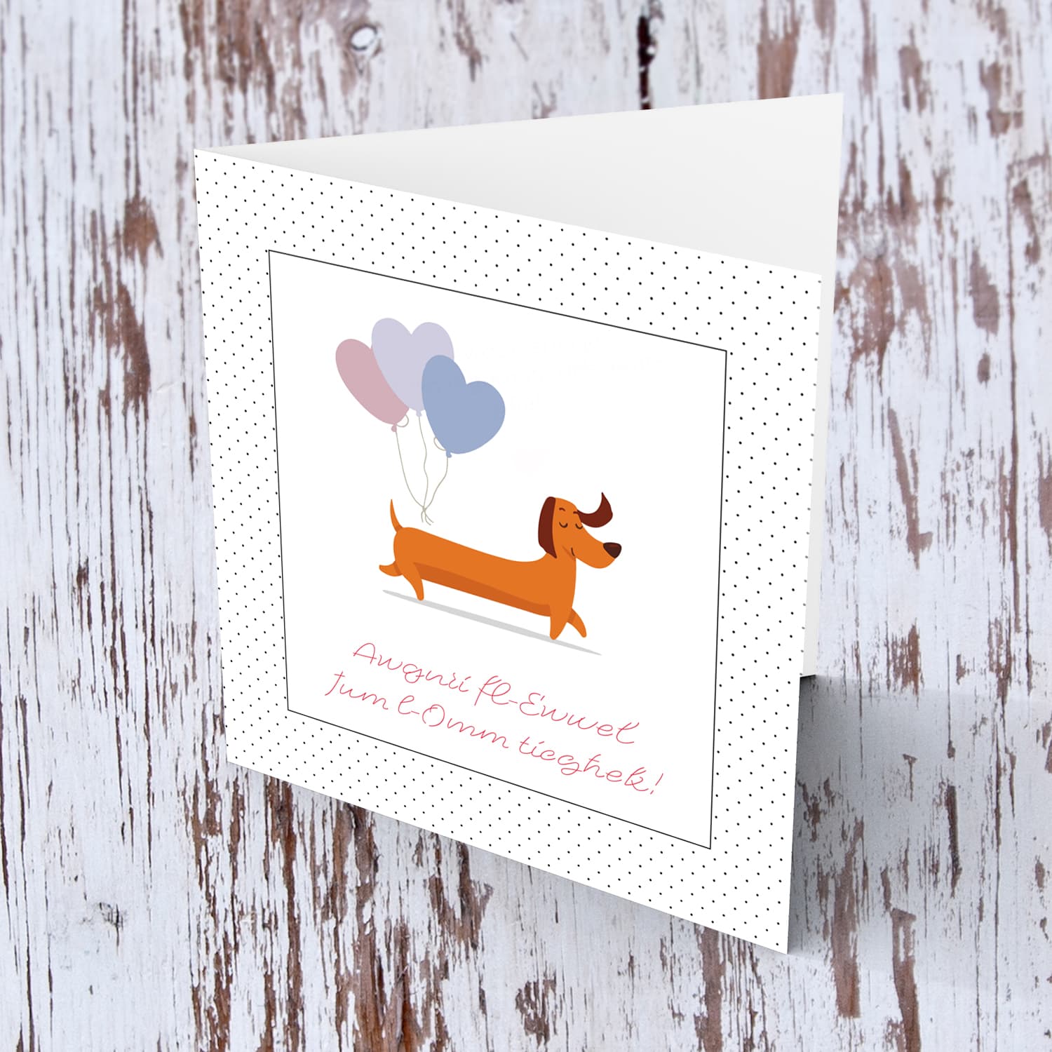 First mother's day card with cute sausage dog with 3 heart balloons in Maltese