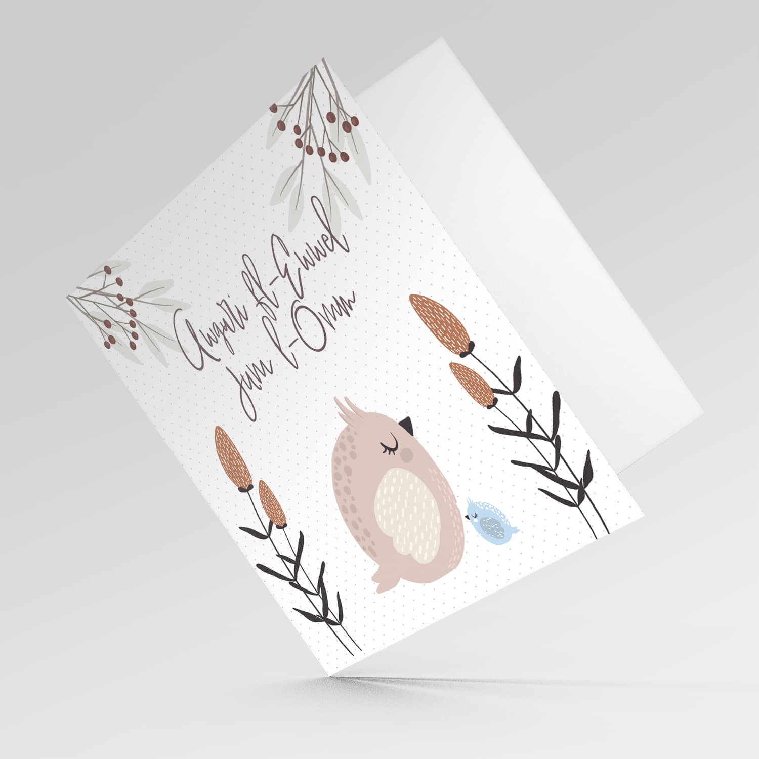 First mother's day card with cute owl and baby light blue owl in Maltese