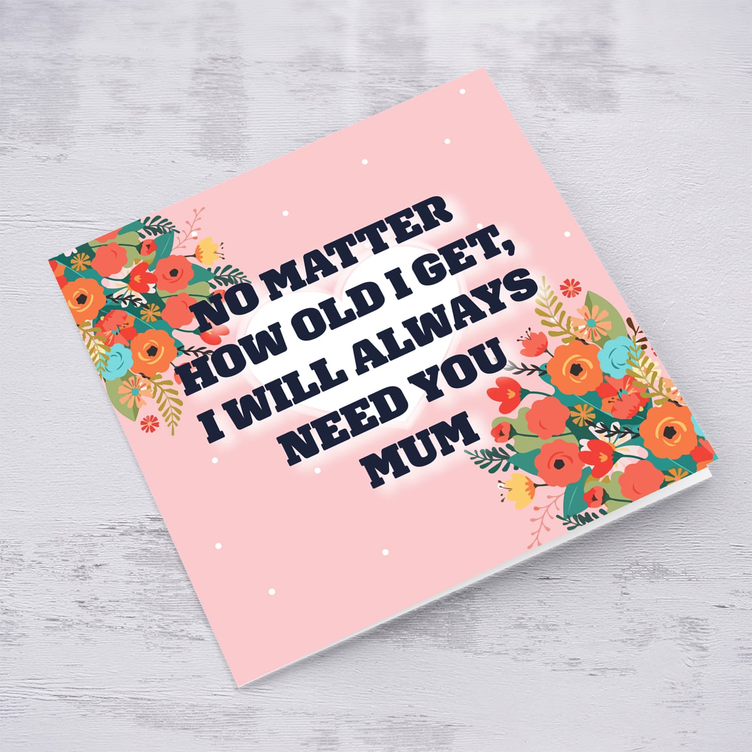 Beautiful Mother's Day card with a special message for your Mum in English (with pink background, white heart and florals)