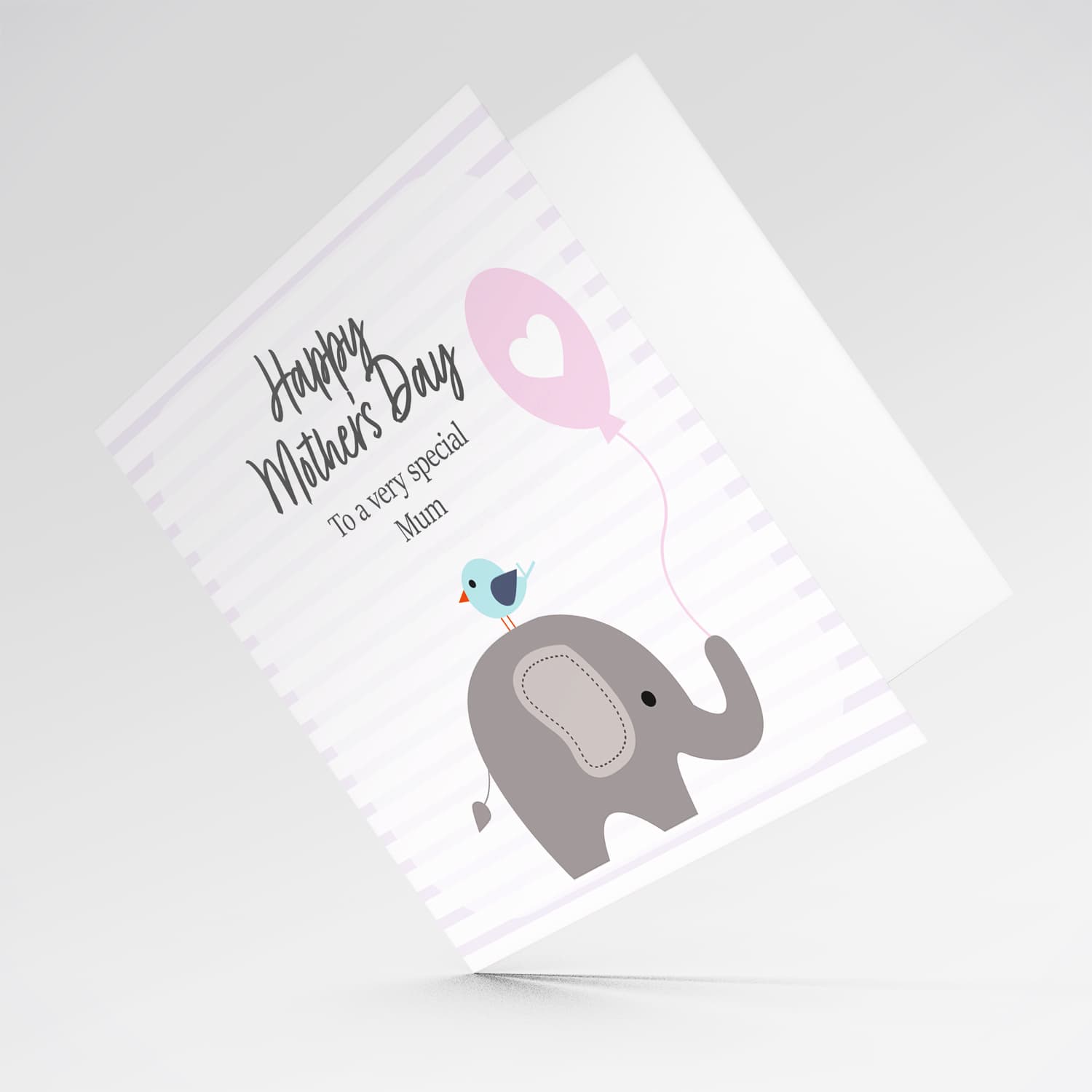 Cute elephant themed mother's day card with pink striped background in English
