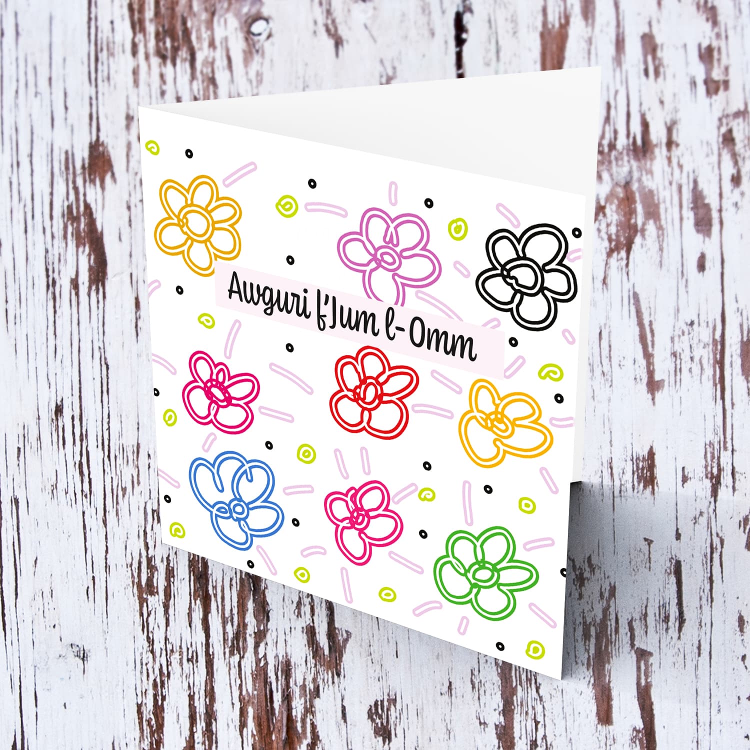 Colourful, energetic floral mother's day card in Maltese 