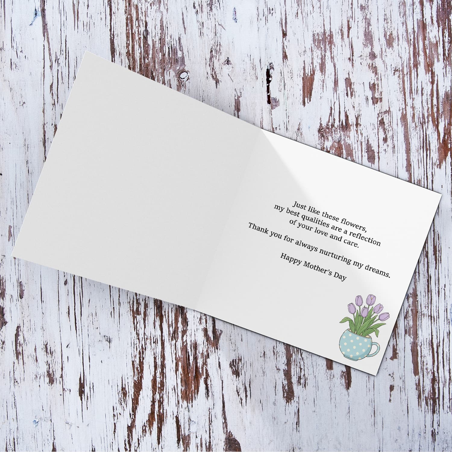 A beautiful mother's day card featuring light purple tulips in spotted vase and neutral background in English