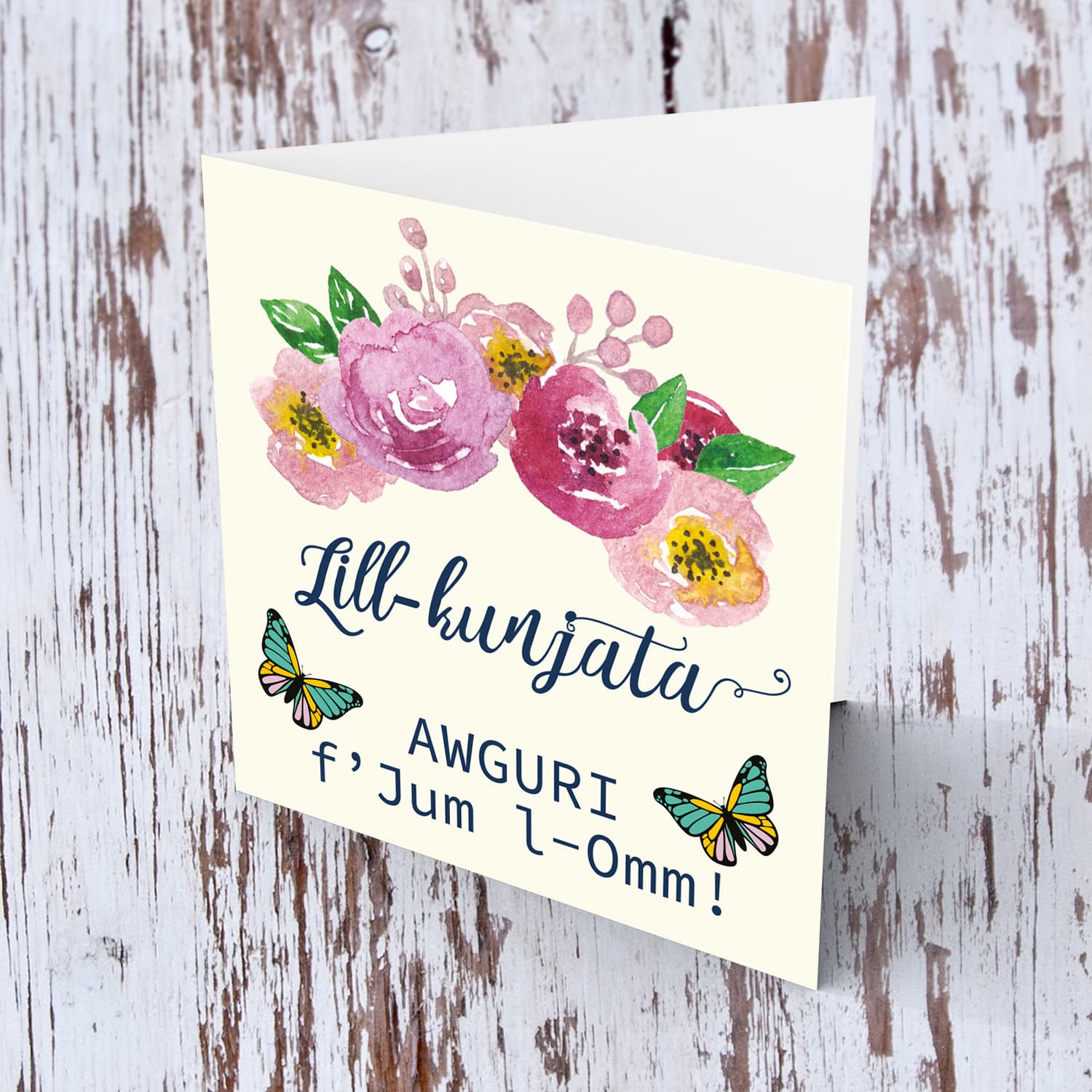 Floral wreath mother's day card with butterflies for mother-in-law in Maltese