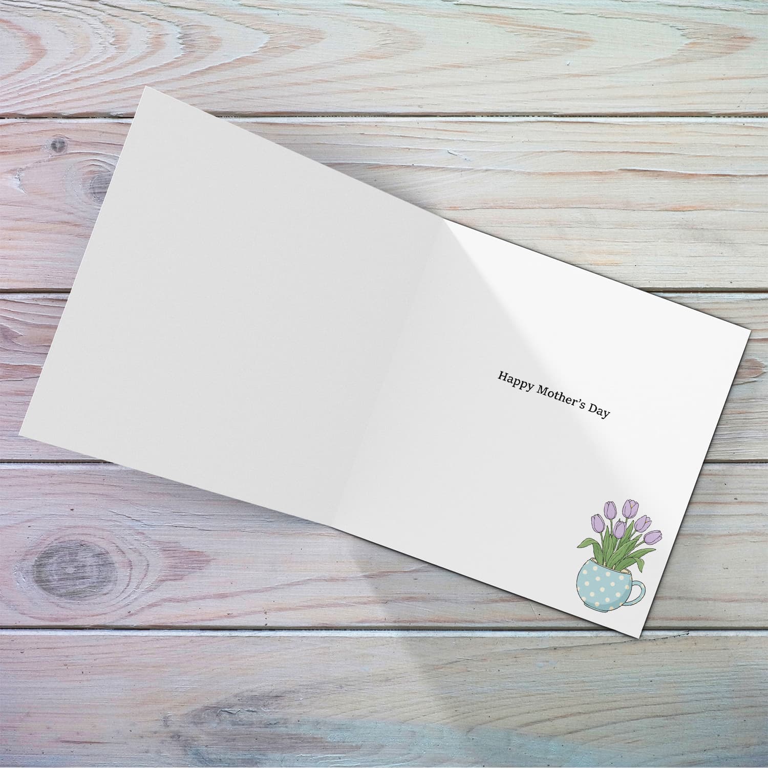 A beautiful mother's day card for mother and mother-in-law featuring light purple tulips in spotted vase and neutral background in English