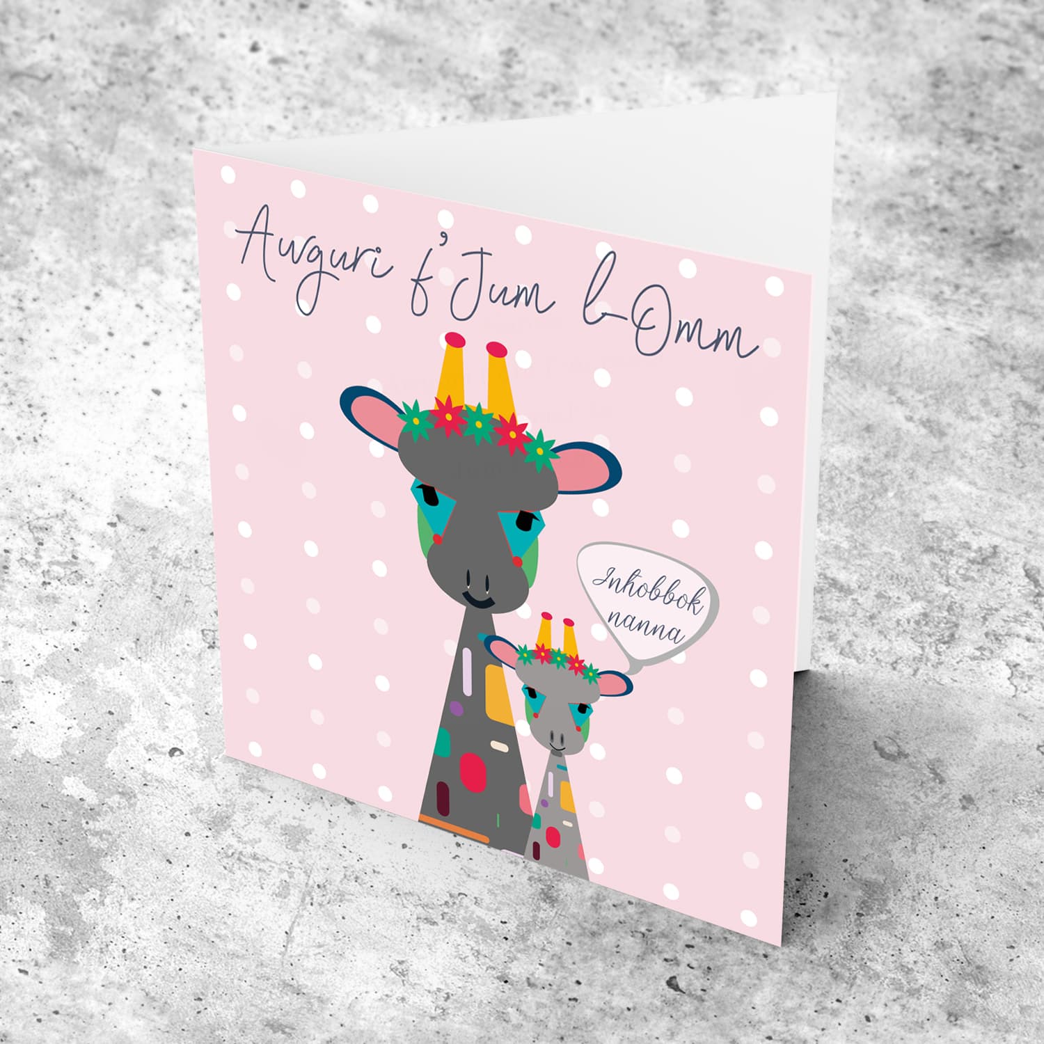 Giraffe and baby giraffe themed Mother's Day card in Maltese