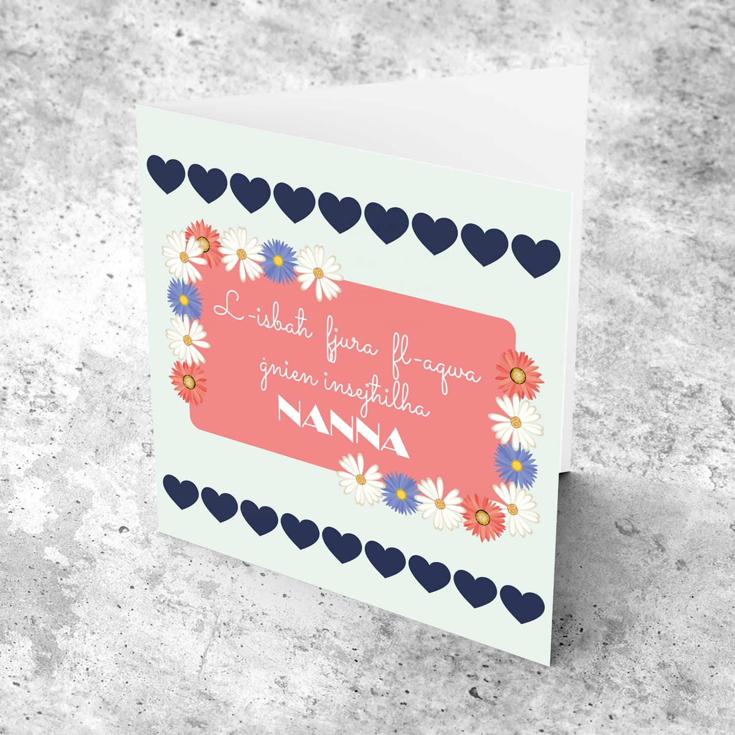 Pastel background with blue hearts and floral border Mother's Day Card for Grandma in Maltese
