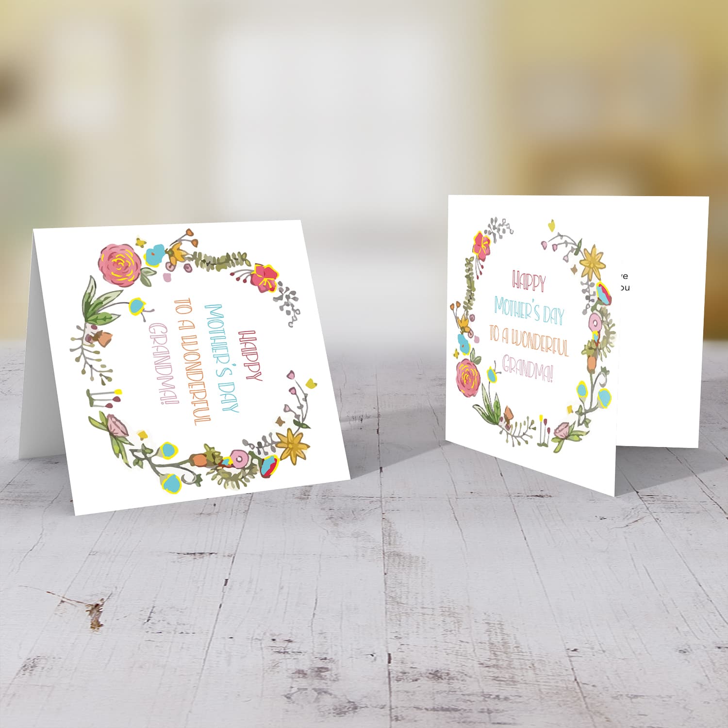 Colourful wreath with various flowers Mother's Day card for Grandma in English