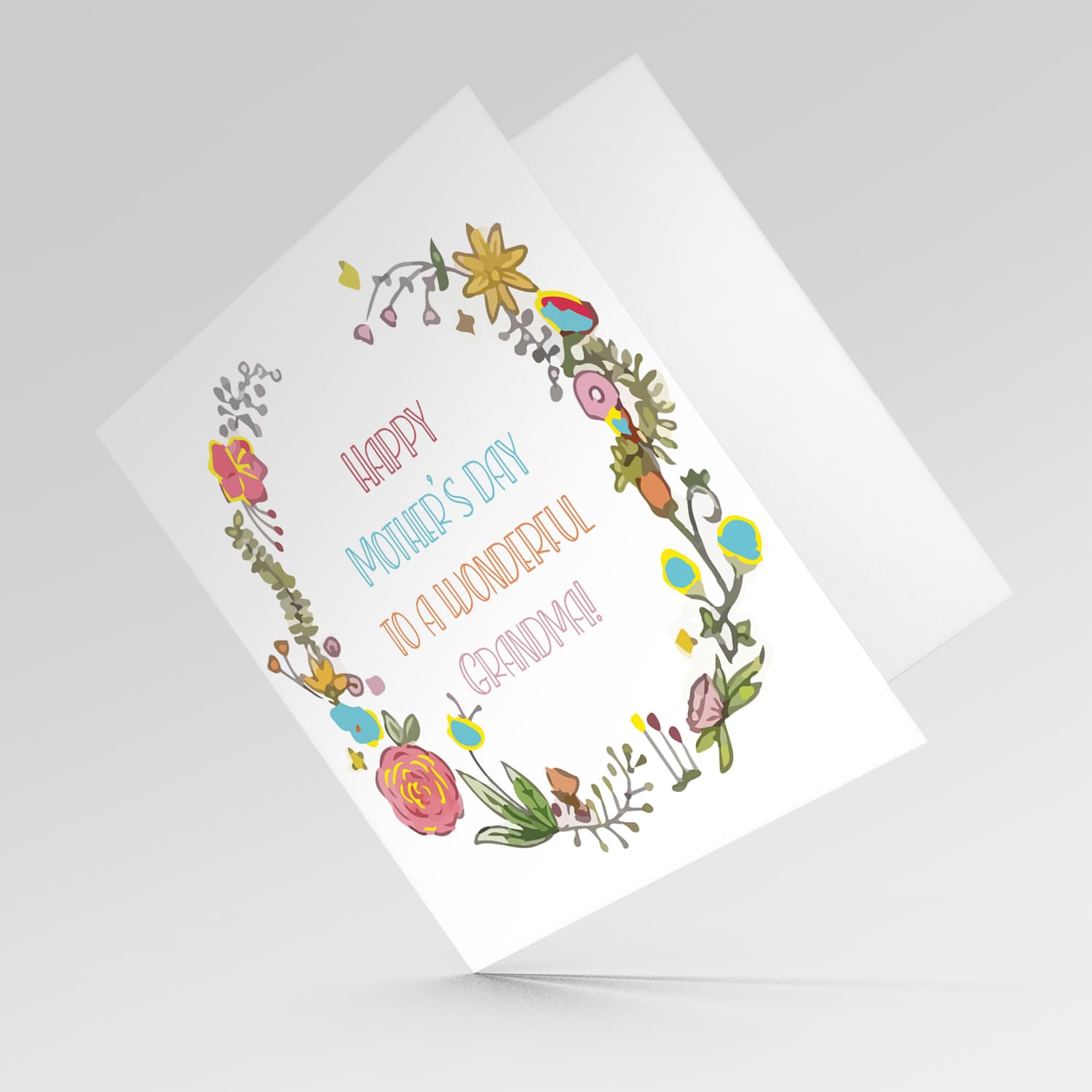 Colourful wreath with various flowers Mother's Day card for Grandma in English