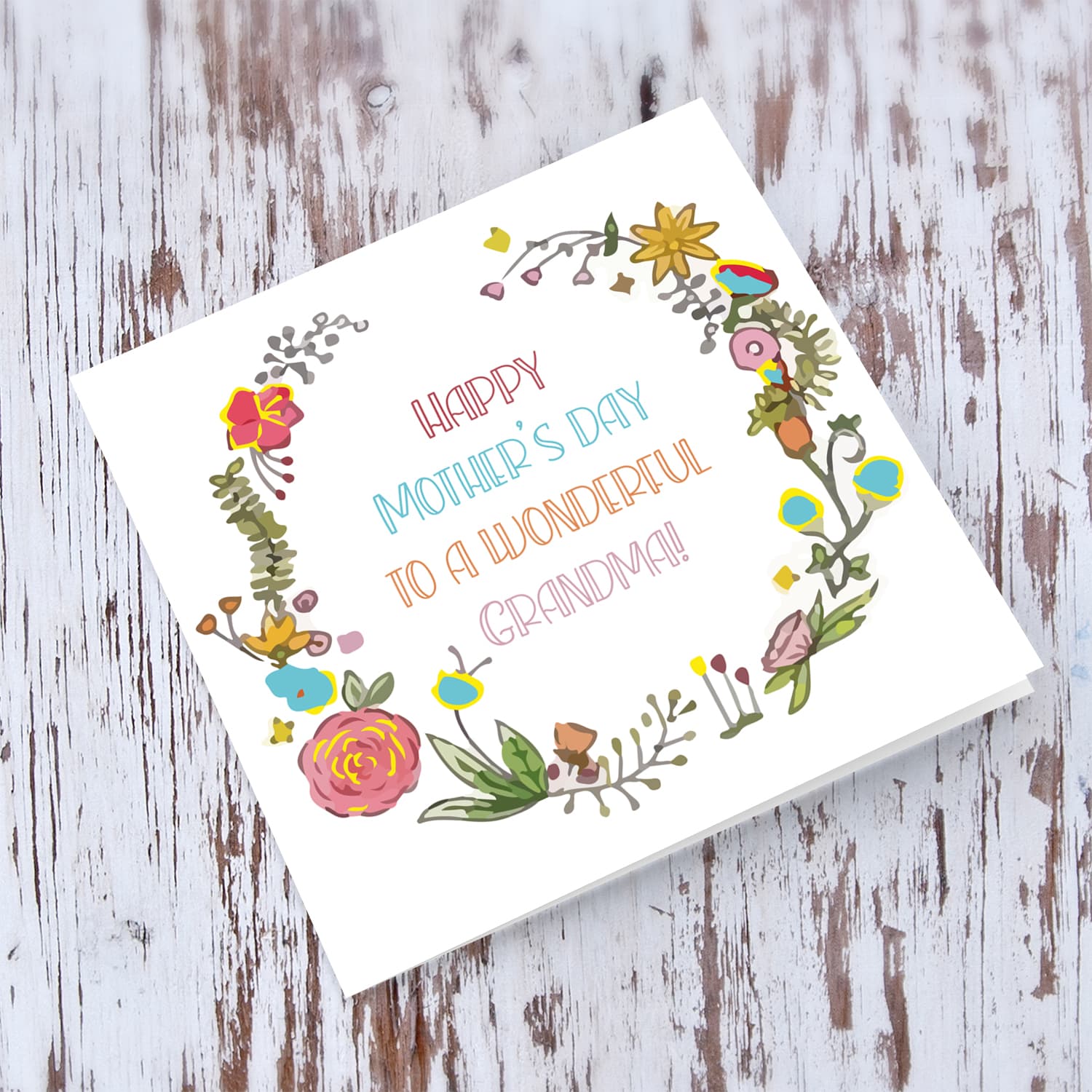Colourful wreath with various flowers Mother's Day card for Grandma in English