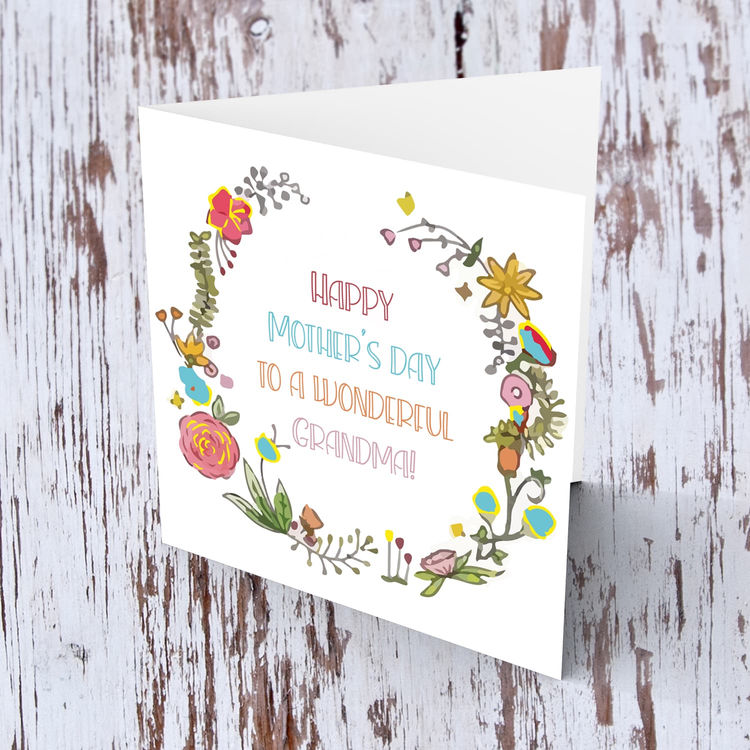 Colourful wreath with various flowers Mother's Day card for Grandma in English