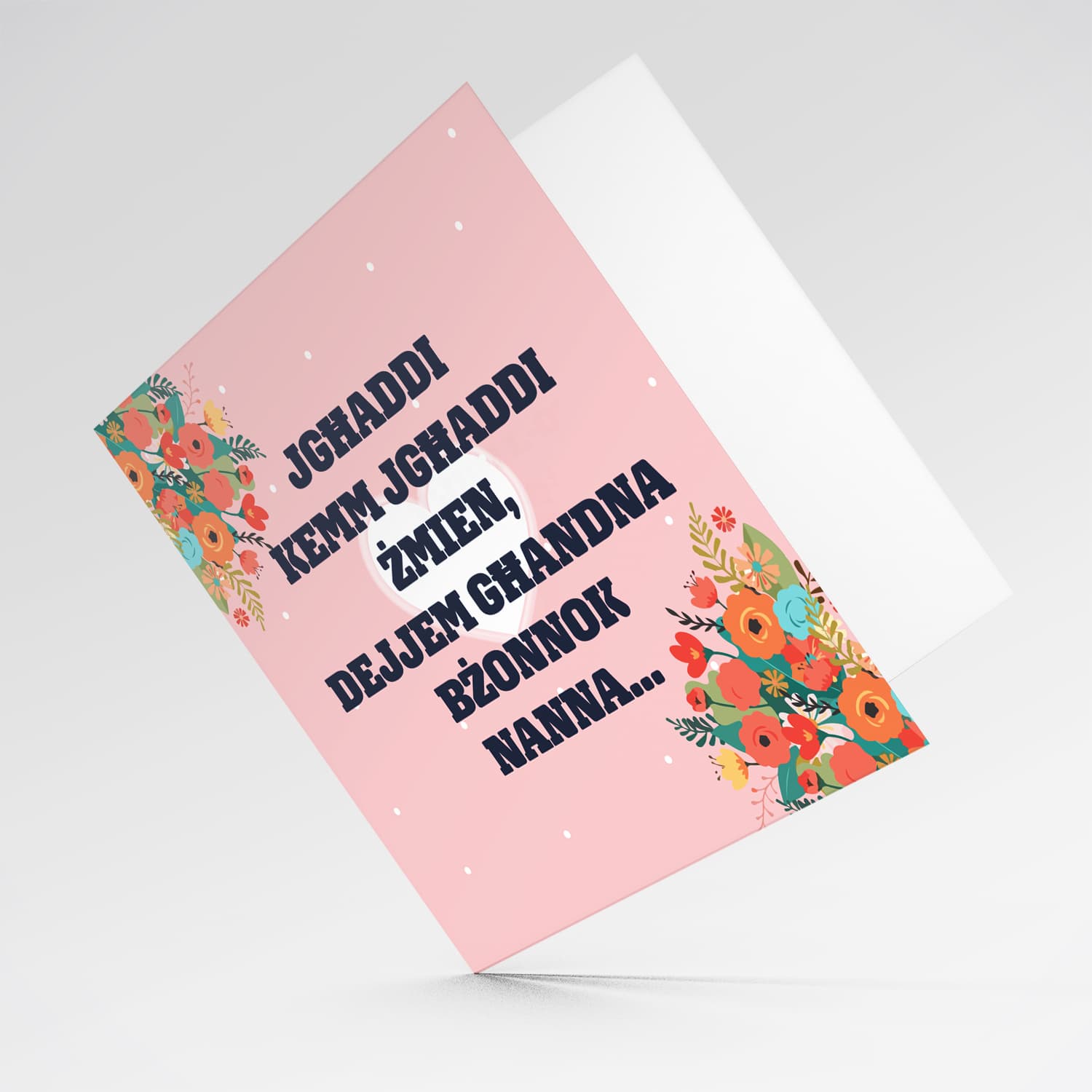 Beautiful Mother's Day card with a special message in Maltese (with pink background, white heart and florals) (PLURAL)