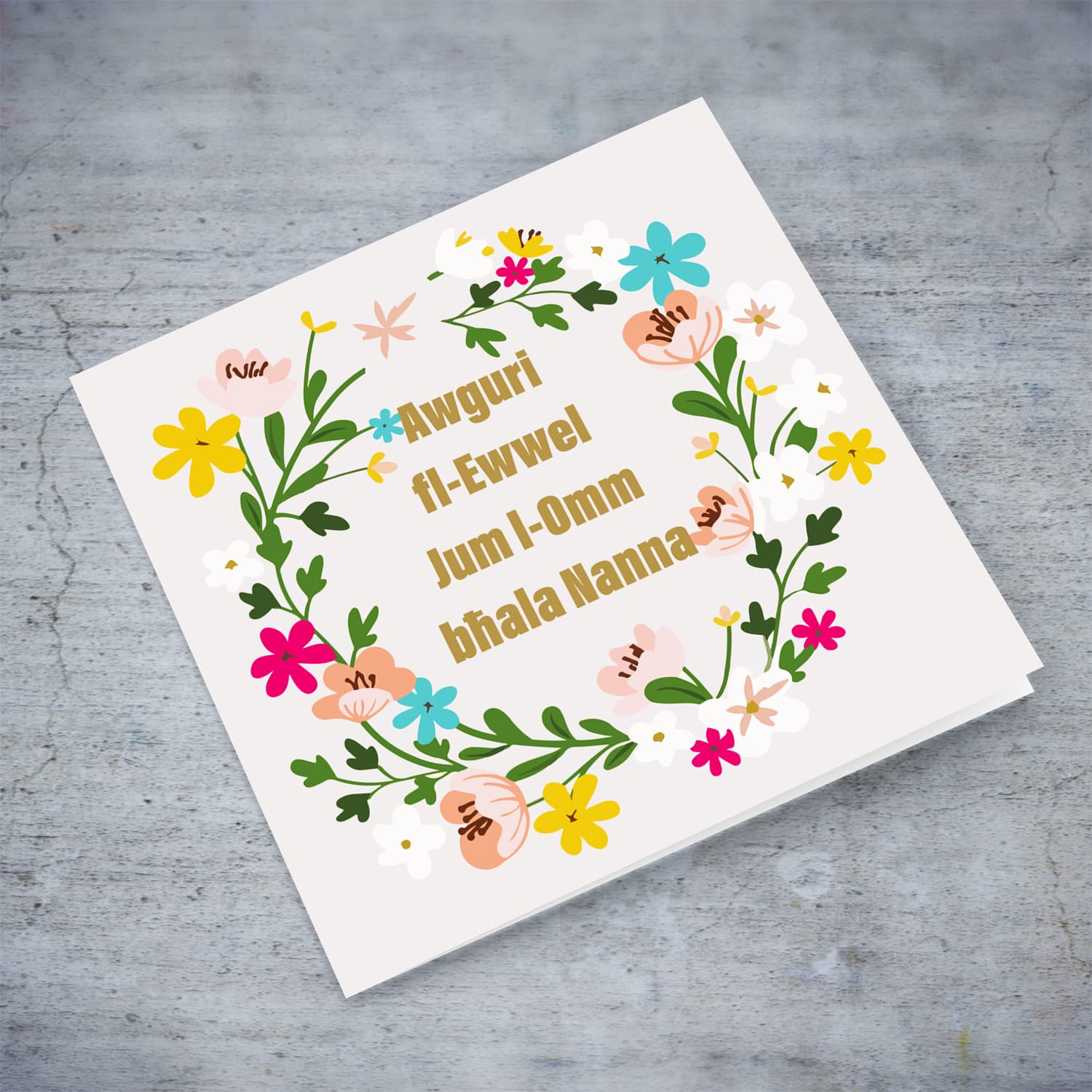 First mother's day as a grandma - Colourful floral themed mother's day card with light pink background in Maltese