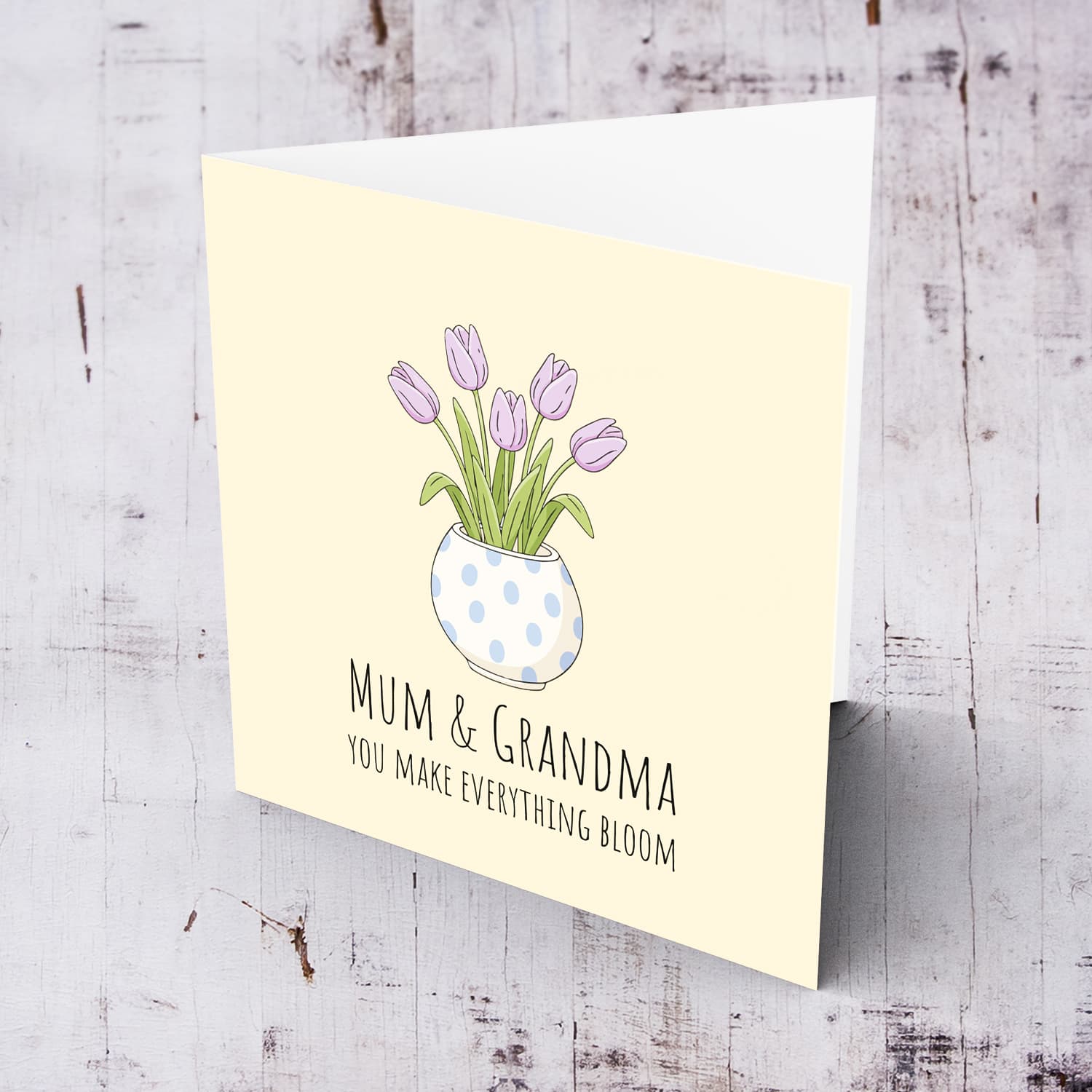 A beautiful mother's day card for mum & grandma featuring light purple tulips in spotted vase and neutral background in English (2 in 1)