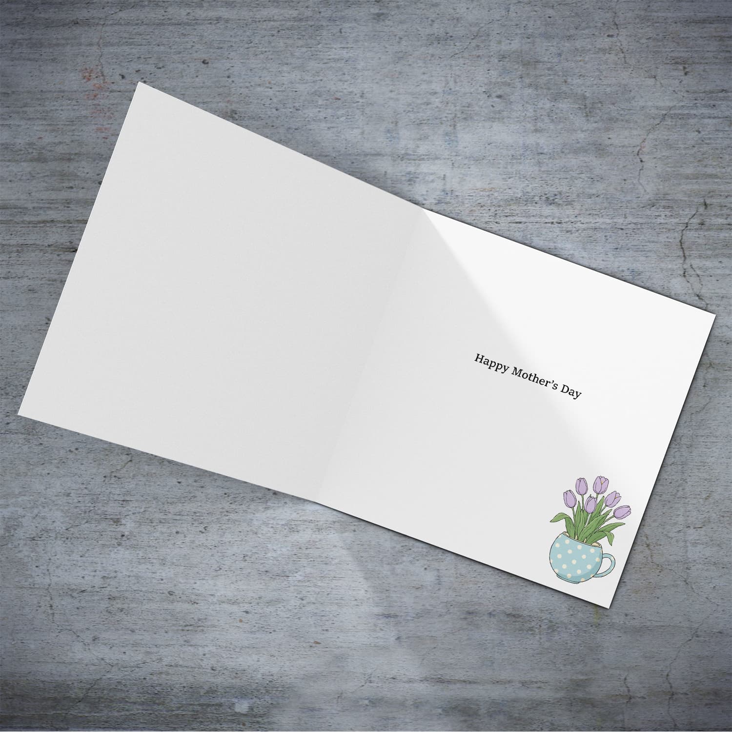 A beautiful mother's day card for grandma & great-grandma featuring light purple tulips in spotted vase and neutral background in English