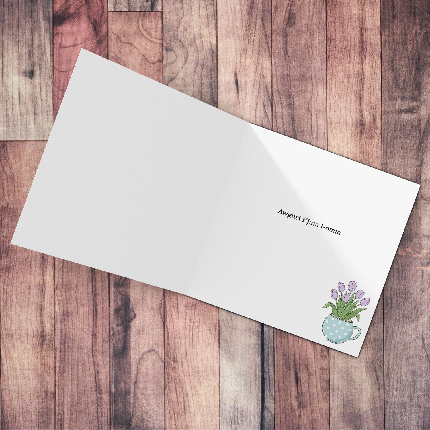 A beautiful mother's day card for mum & grandma featuring light purple tulips in spotted vase and neutral background in Maltese