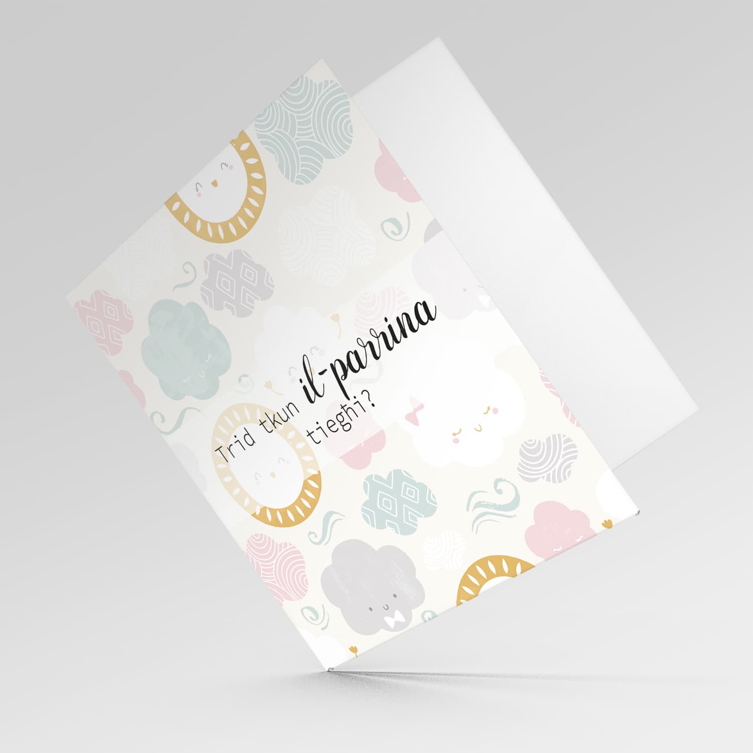 Sky themed female baptism sponsor card in Maltese