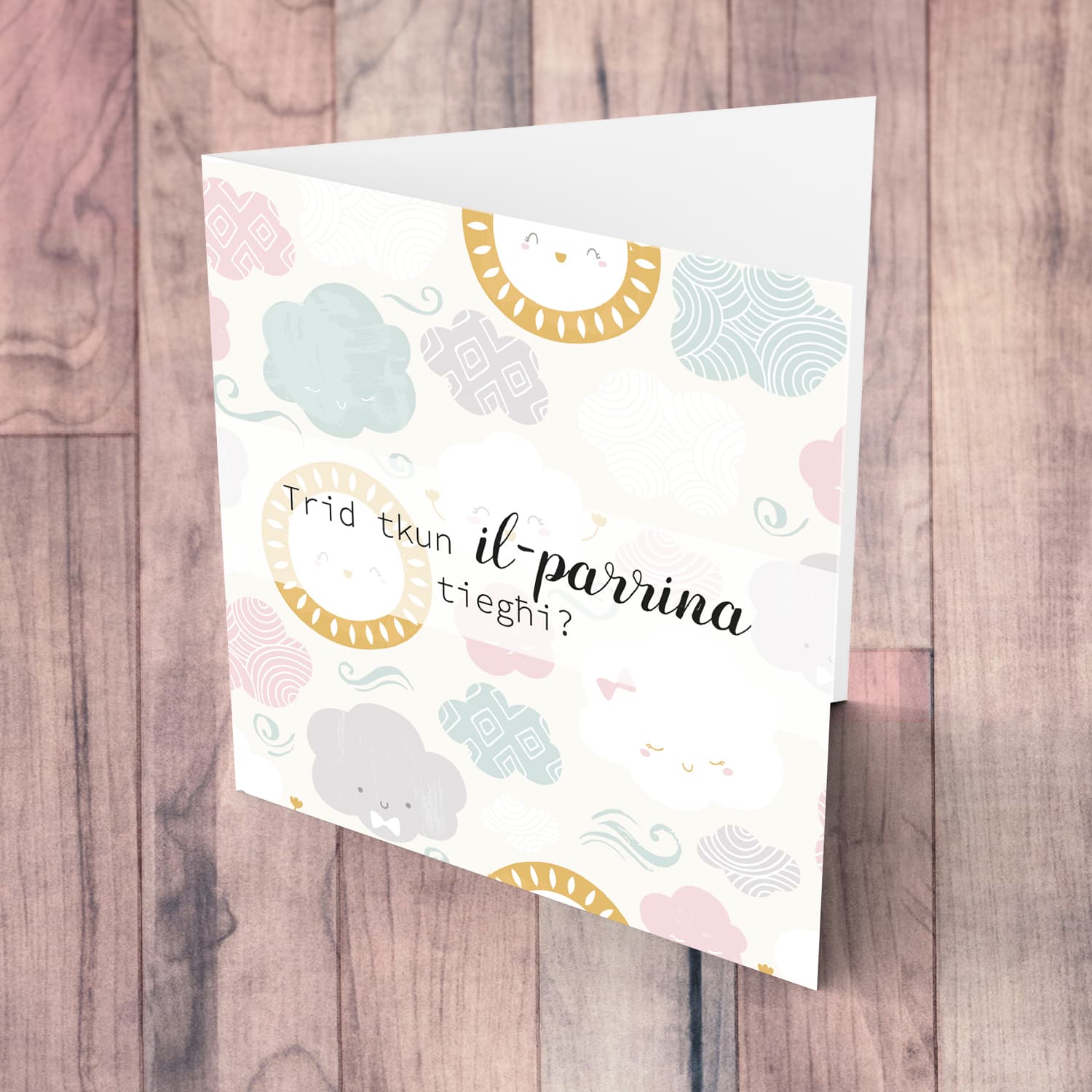 Sky themed female baptism sponsor card in Maltese