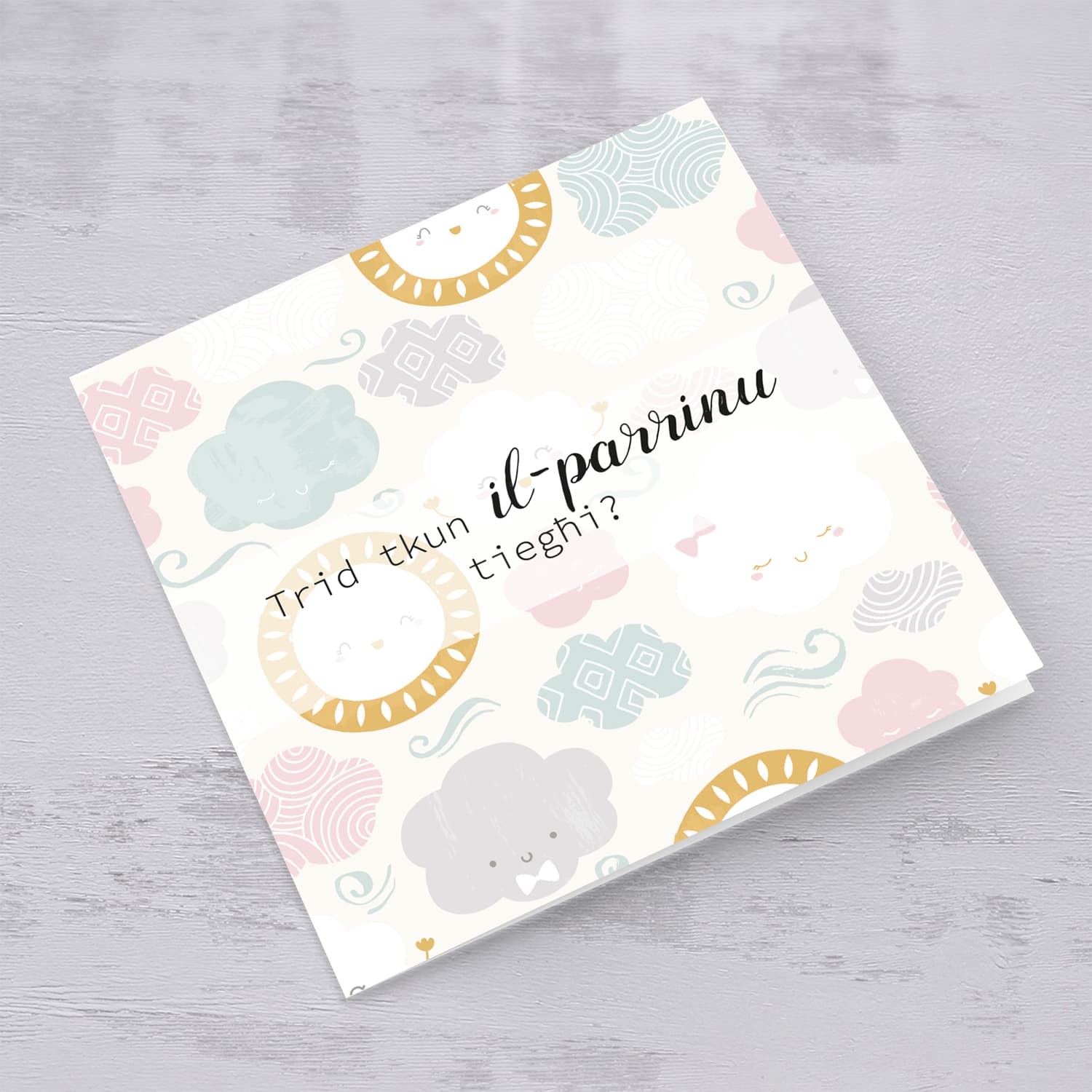 Sky themed male baptism sponsor card in Maltese