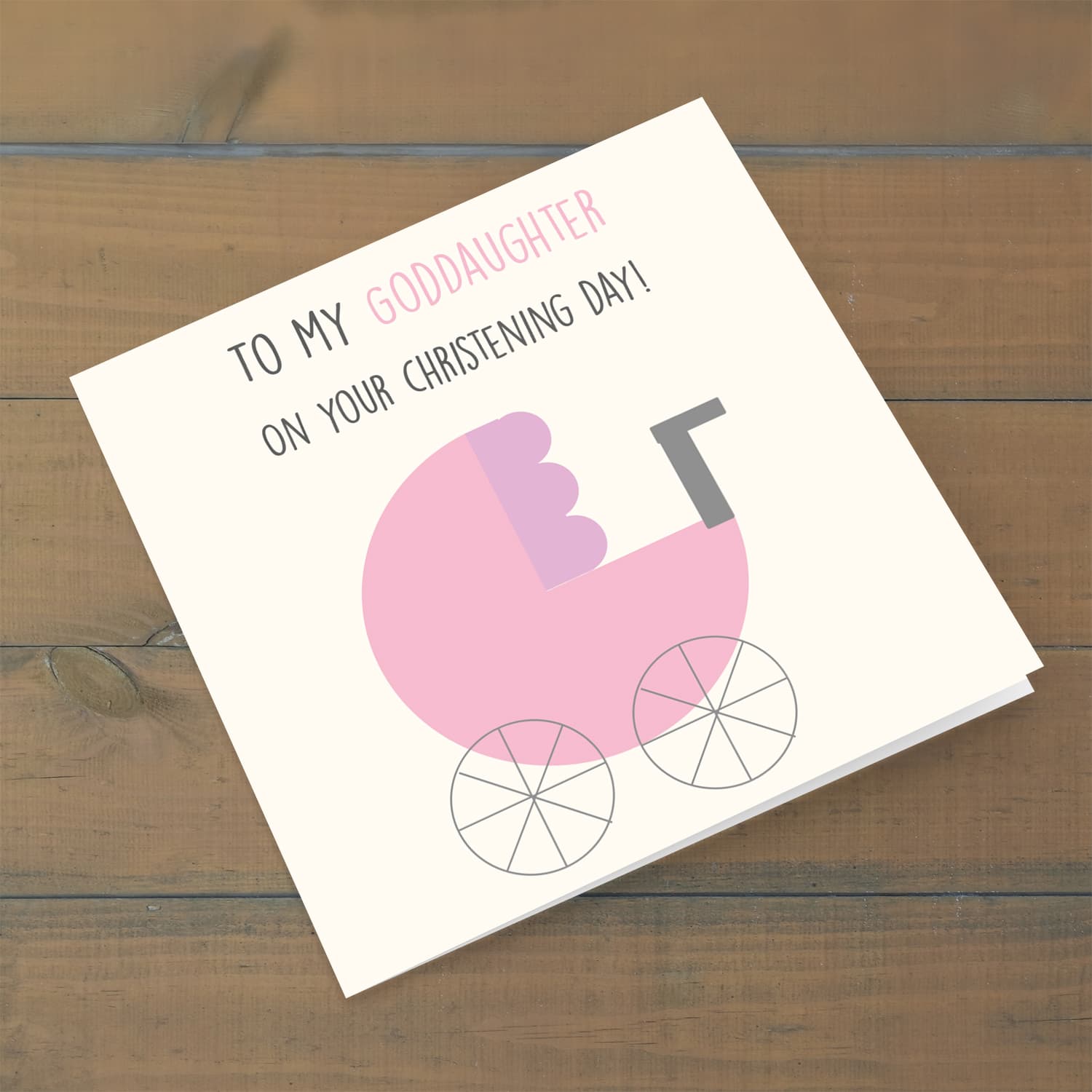 Pram themed baptism card for goddaughter in English