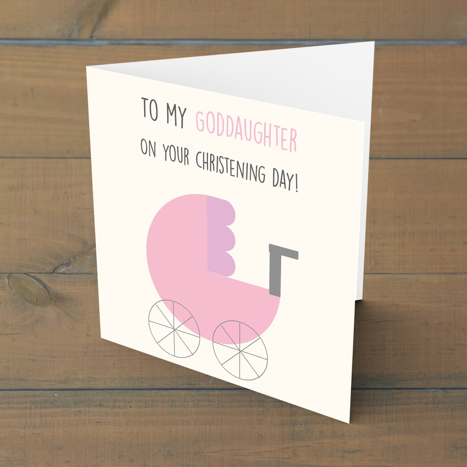 Pram themed baptism card for goddaughter in English