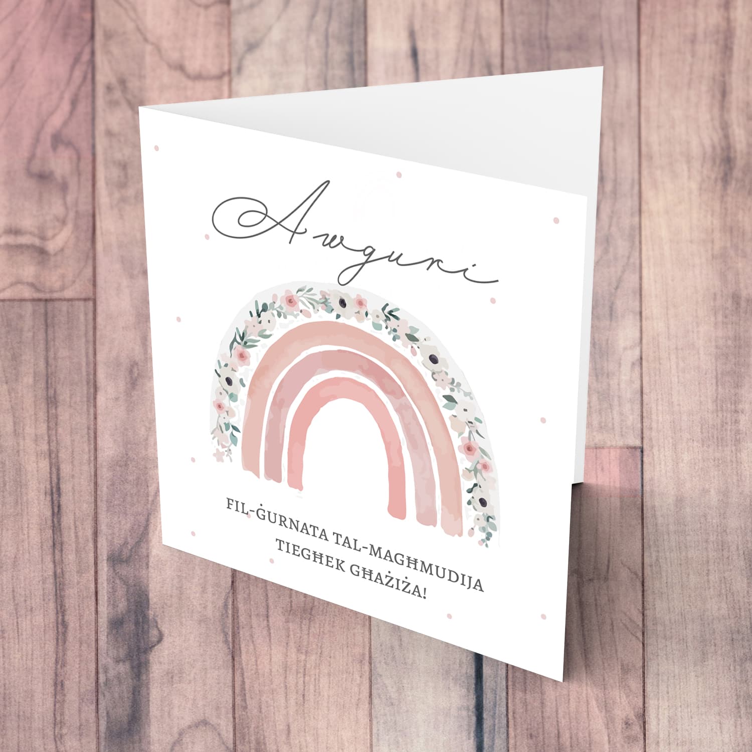 Cute floral rainbow in shades of pink personalisable baptism / christening card for girls in Maltese 