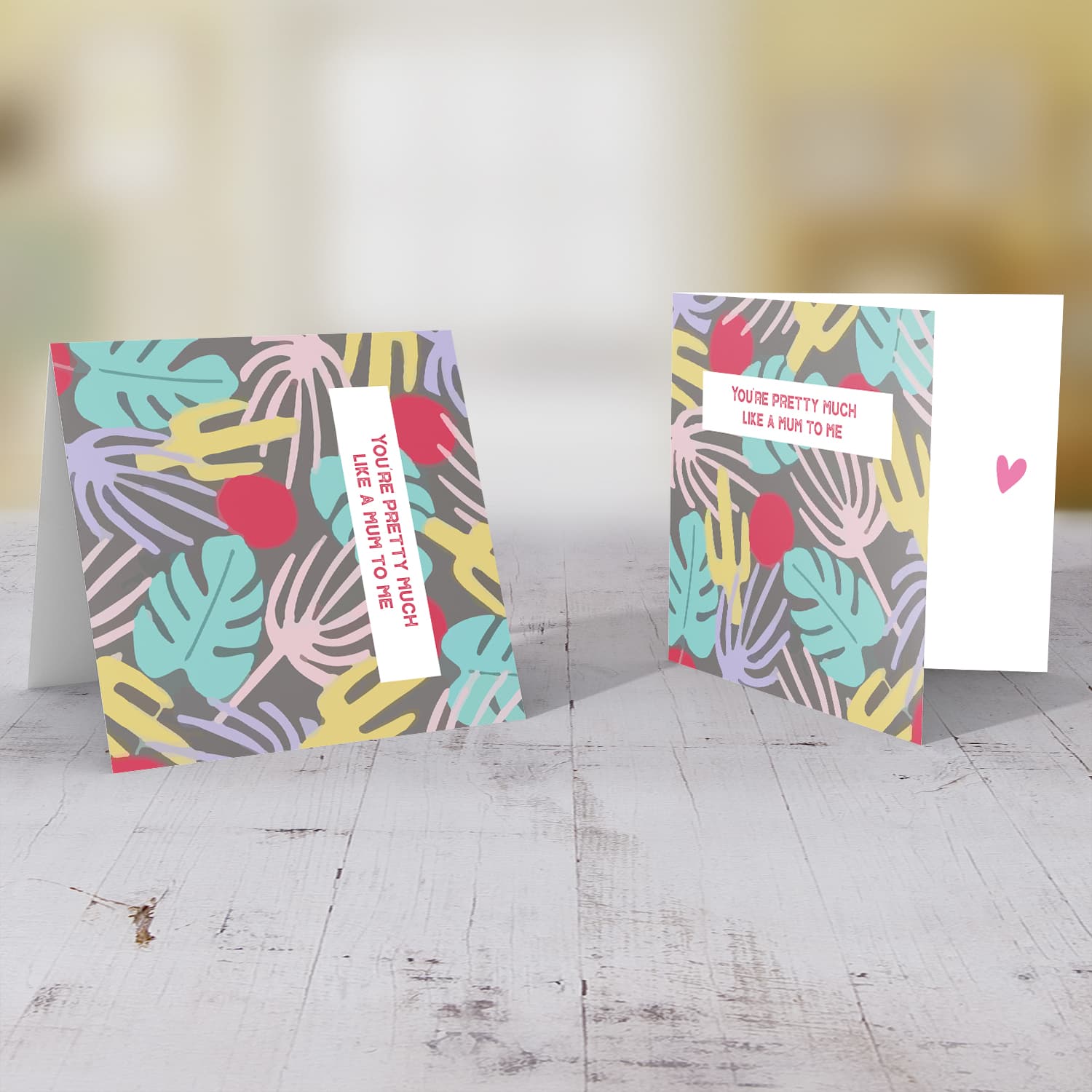 Colourful leaves and cactus background mother's day card in English