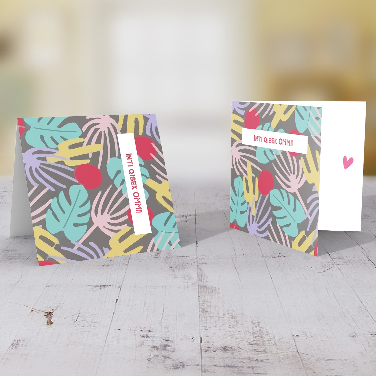 Colourful leaves and cactus background mother's day card in Maltese