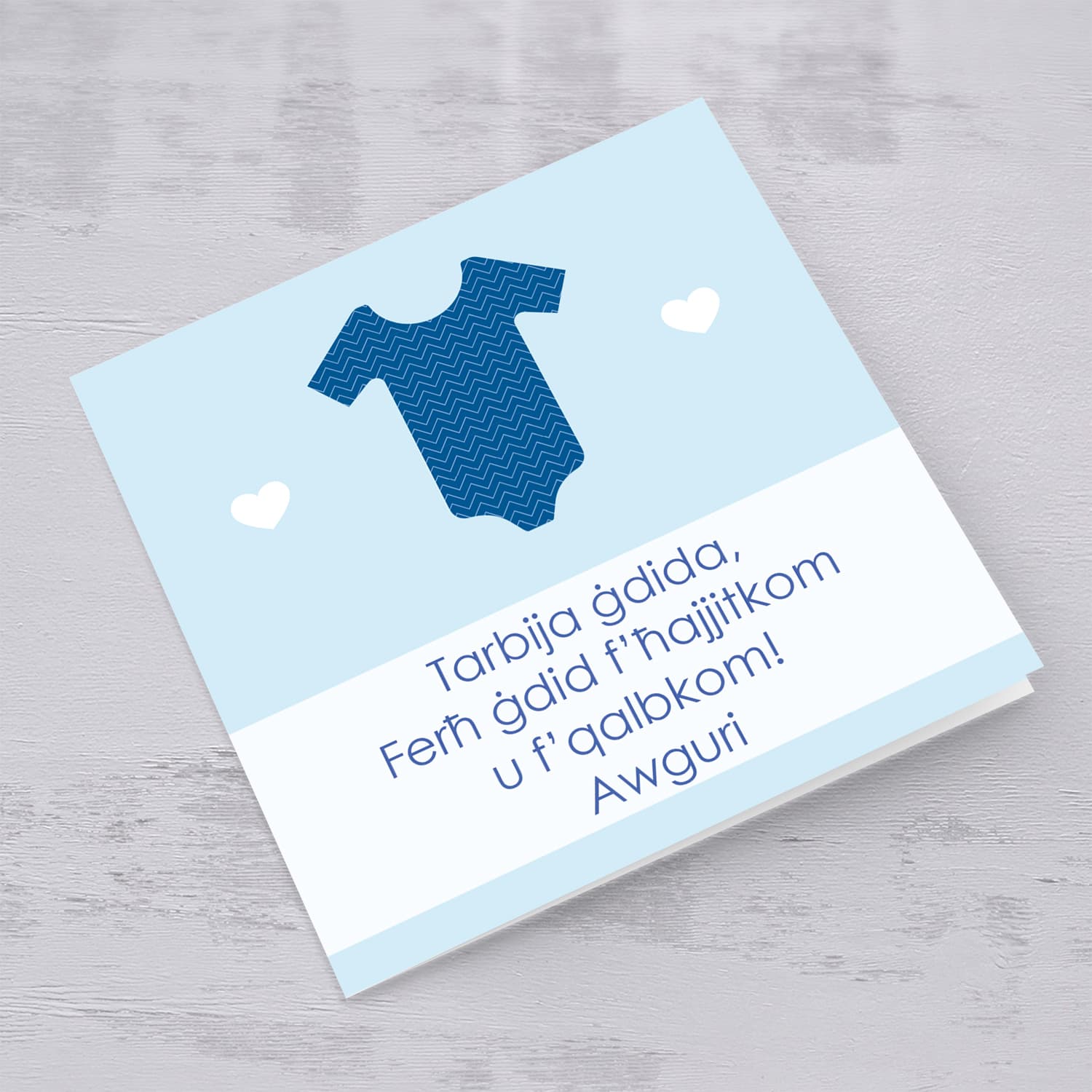 Baby grow themed new born card for boy in Maltese