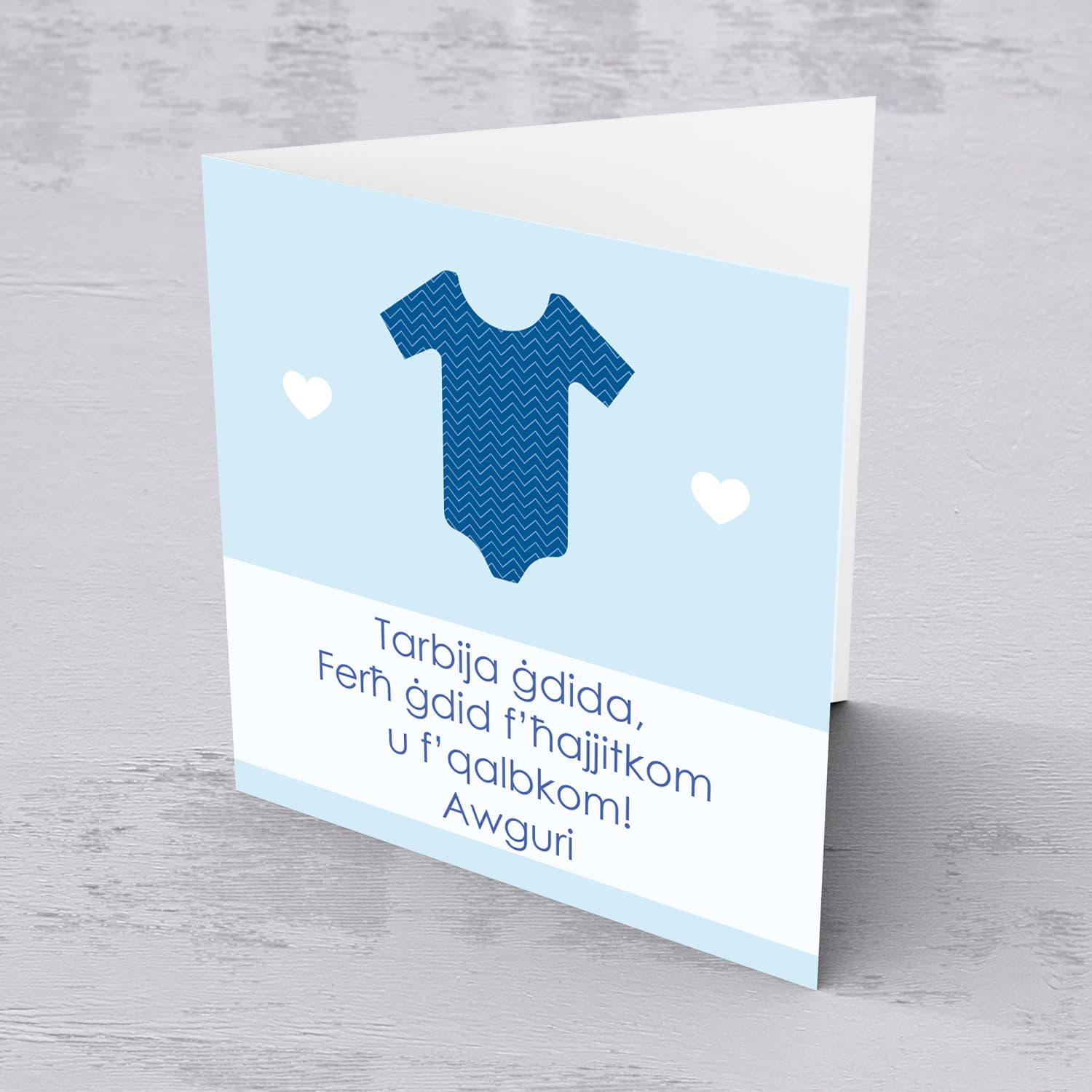 Baby grow themed new born card for boy in Maltese