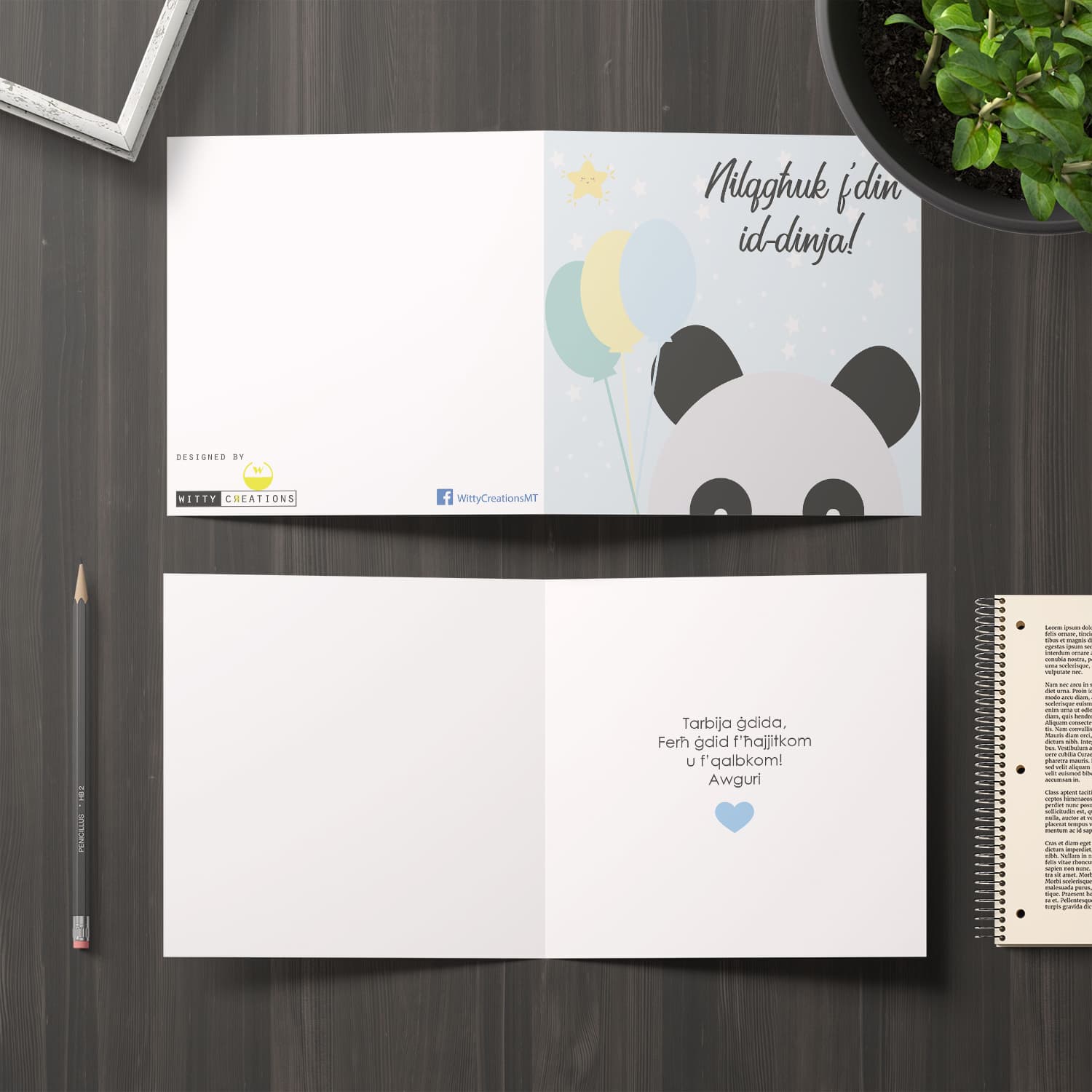Panda holding balloons new born card for boys in Maltese