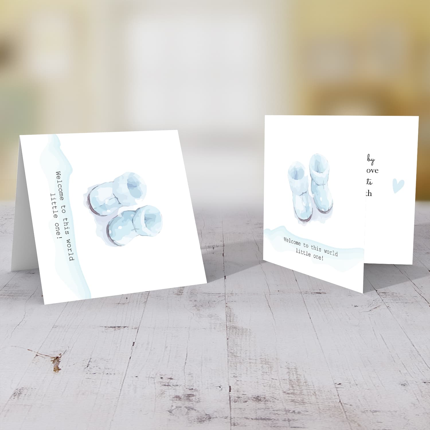 Blue shoes themed new born card in English for boys