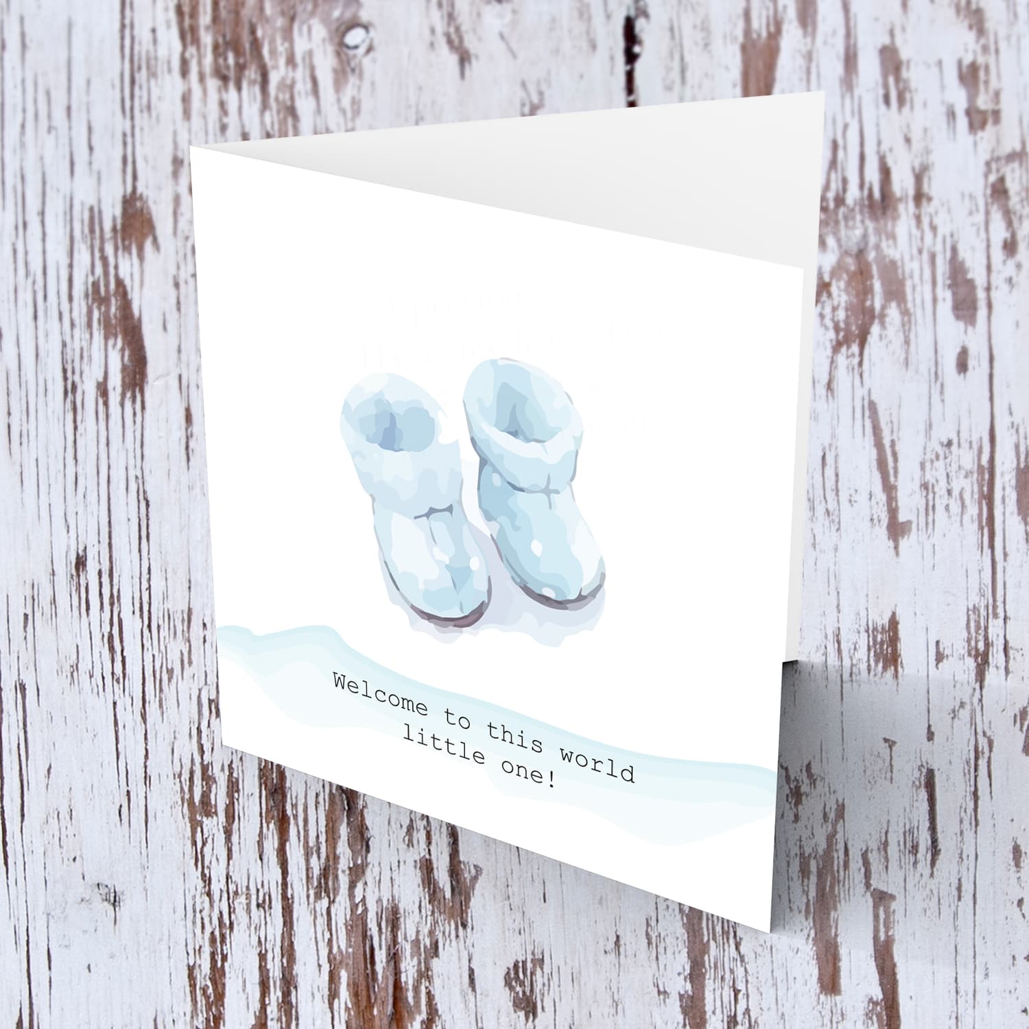 Blue shoes themed new born card in English for boys