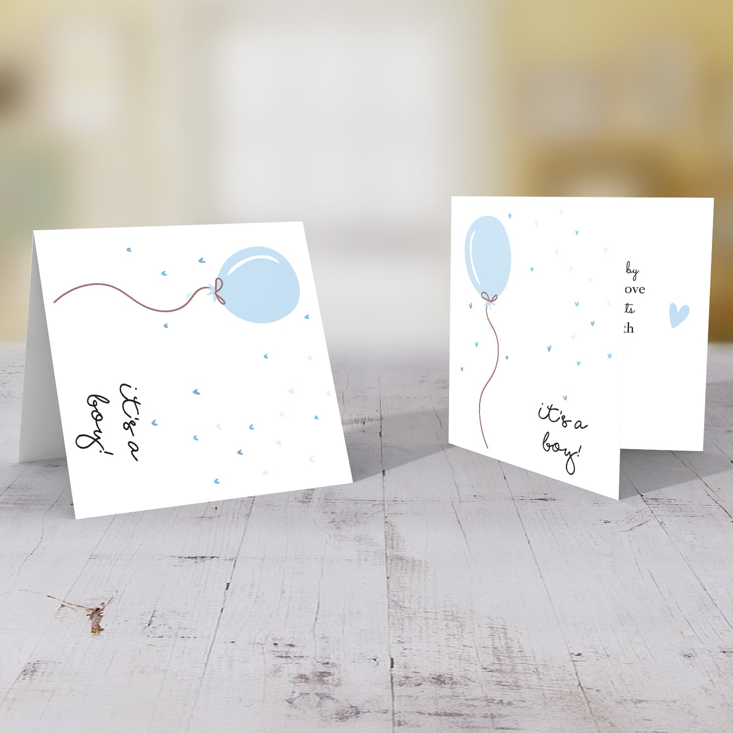 Light blue Balloon themed new born card for boy in English