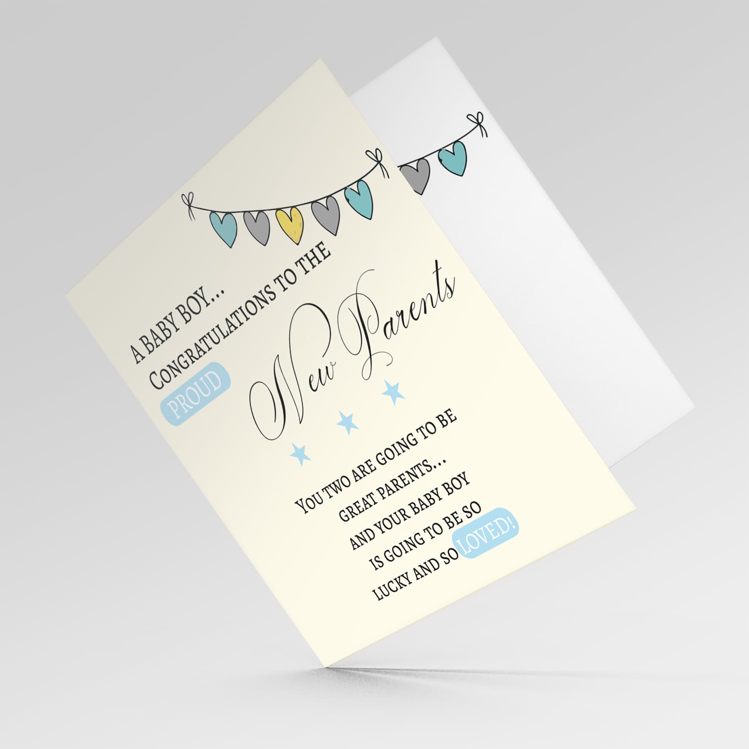 Heart bunting new born card for boys in English  