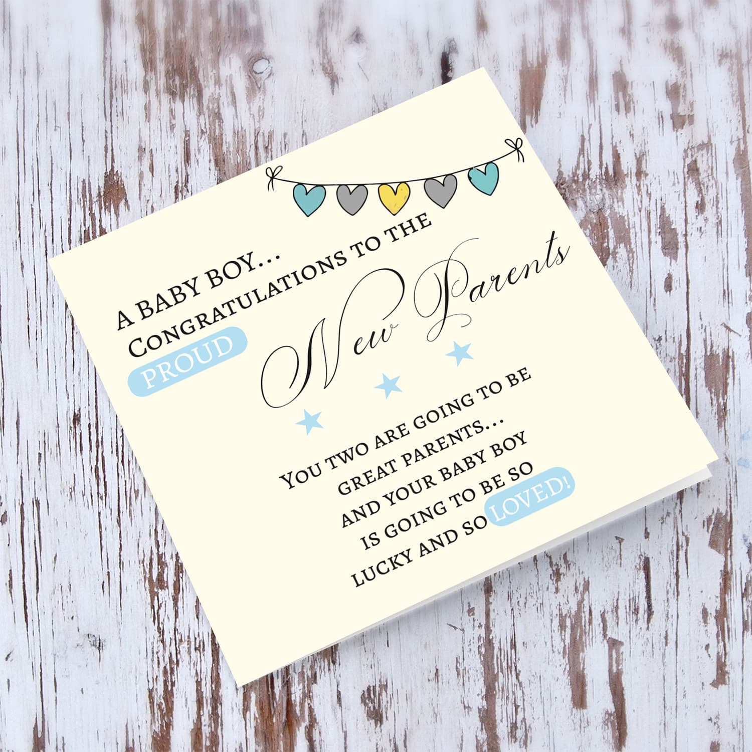 Heart bunting new born card for boys in English  