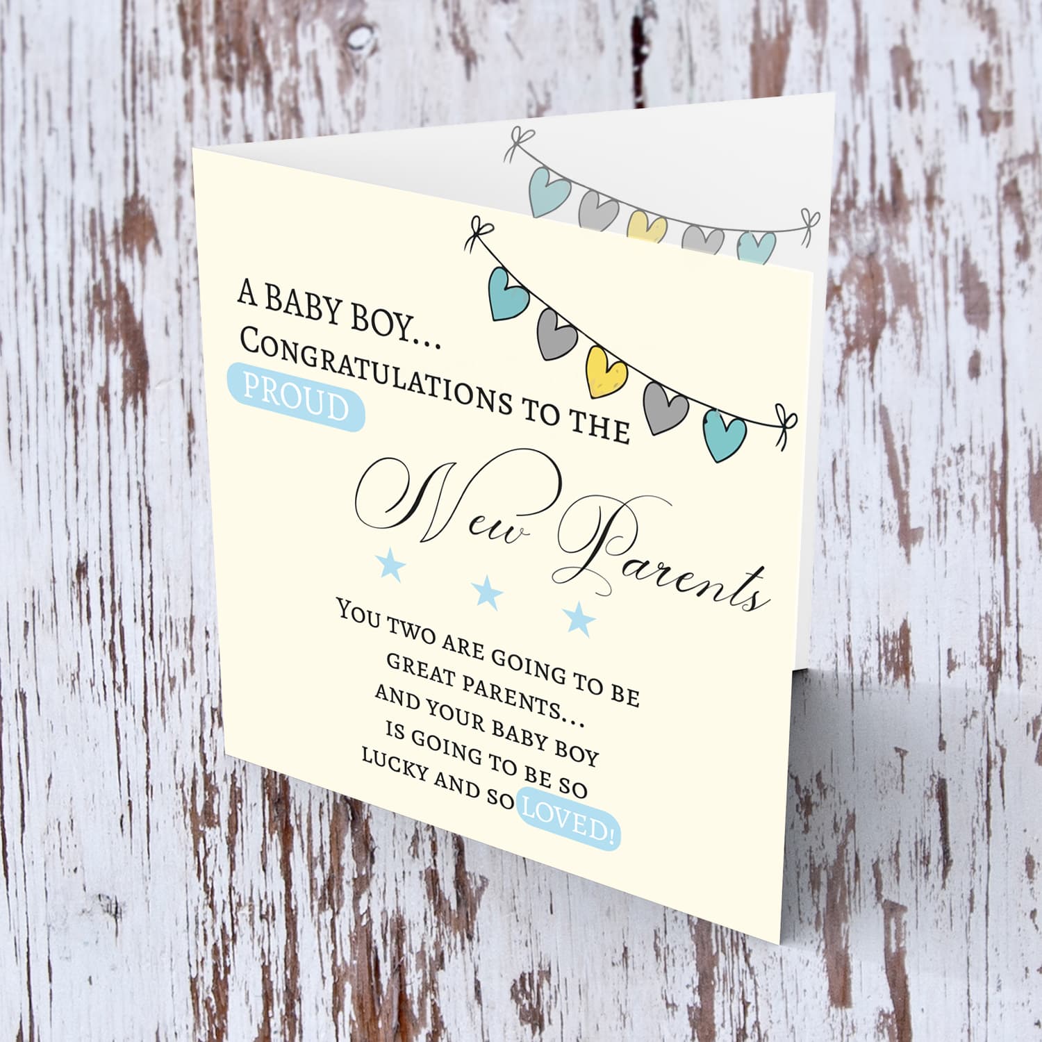 Heart bunting new born card for boys in English  