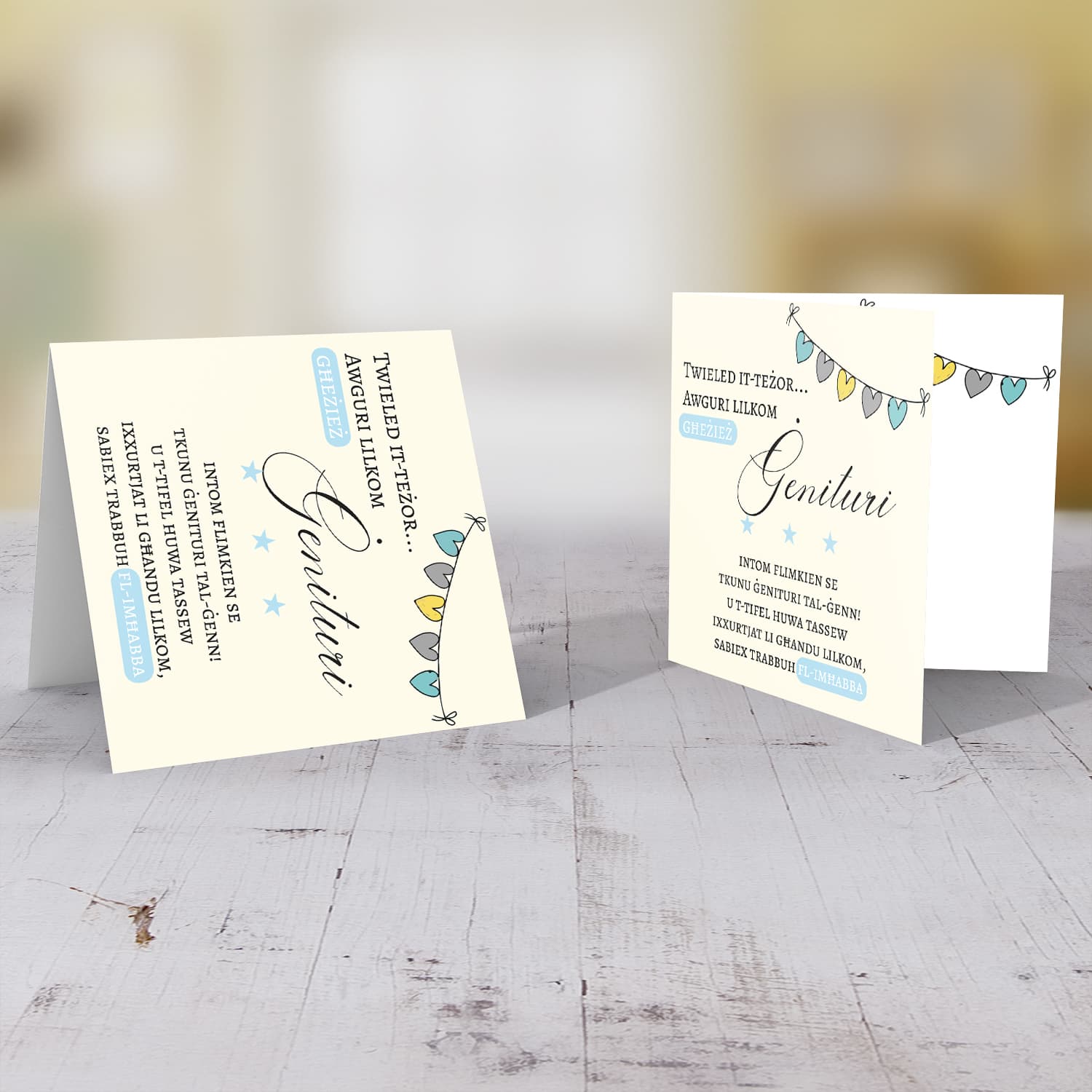 Heart bunting new born card for boys in Maltese