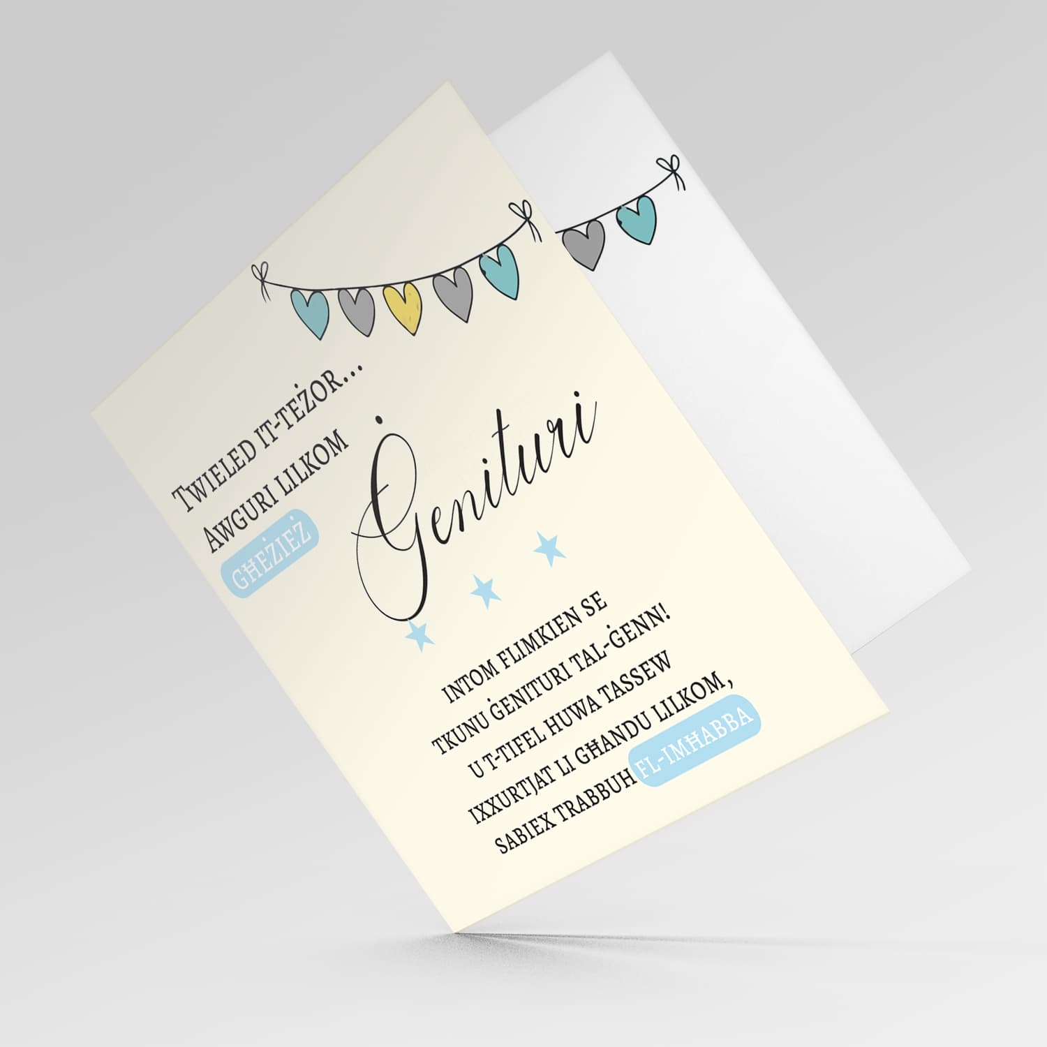 Heart bunting new born card for boys in Maltese