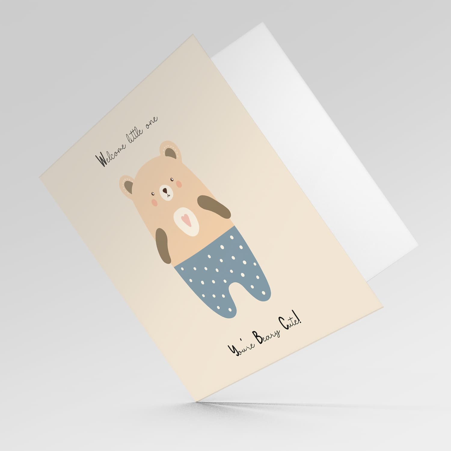 Beary Cute teddy bear, wearing blue pants with white dots New Born card for Boys in English